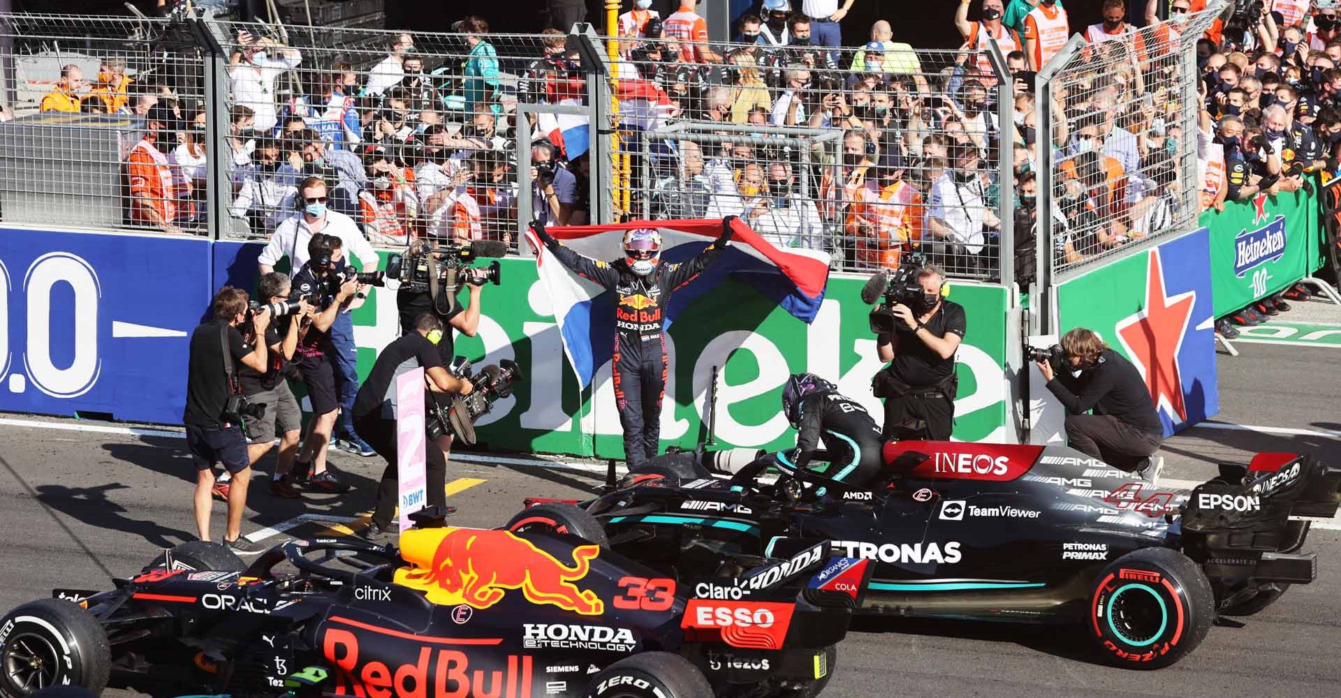 ZANDVOORT, NETHERLANDS - SEPTEMBER 05: Race winner Max Verstappen of Netherlands and Red Bull Racing celebrates in parc ferme during the F1 Grand Prix of The Netherlands at Circuit Zandvoort on September 05, 2021 in Zandvoort, Netherlands. (Photo by Boris Streubel/Getty Images)