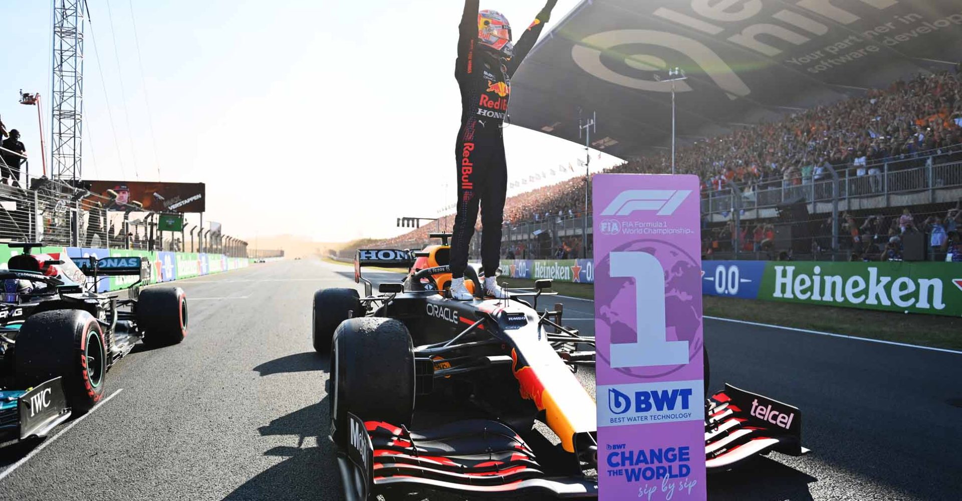 ZANDVOORT, NETHERLANDS - SEPTEMBER 05: Race winner Max Verstappen of Netherlands and Red Bull Racing celebrates in parc ferme during the F1 Grand Prix of The Netherlands at Circuit Zandvoort on September 05, 2021 in Zandvoort, Netherlands. (Photo by Dan Mullan/Getty Images)