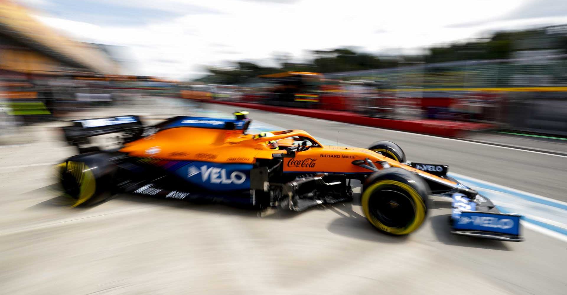 Lando Norris, McLaren MCL35M, leaves the garage