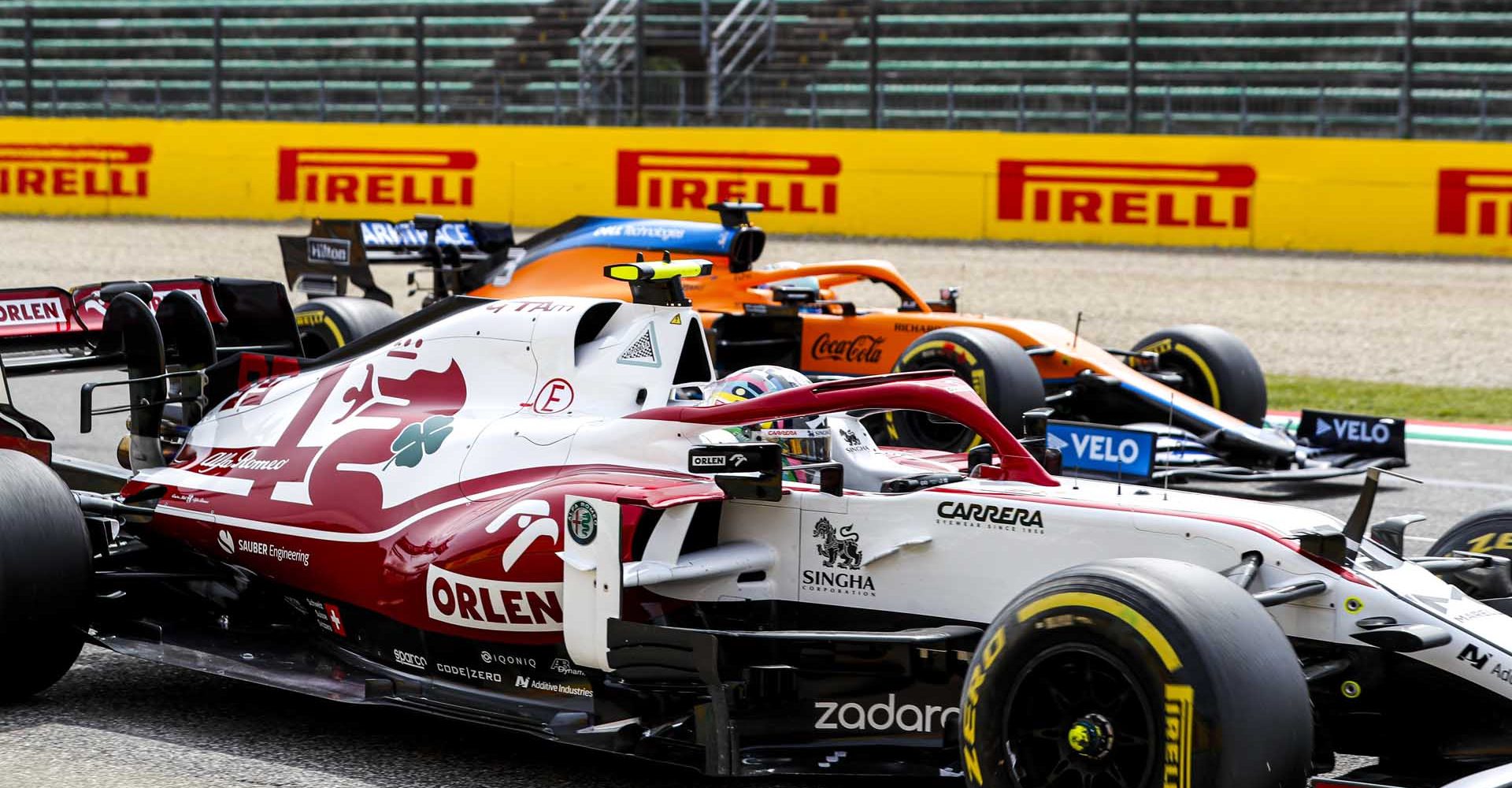 AUTODROMO INTERNAZIONALE ENZO E DINO FERRARI, ITALY - APRIL 17: Antonio Giovinazzi, Alfa Romeo Racing C41, and Daniel Ricciardo, McLaren MCL35M, practice their start procedures at the end of FP3 during the Emilia Romagna GP at Autodromo Internazionale Enzo e Dino Ferrari on Saturday April 17, 2021 in imola, Italy. (Photo by Steven Tee / LAT Images)