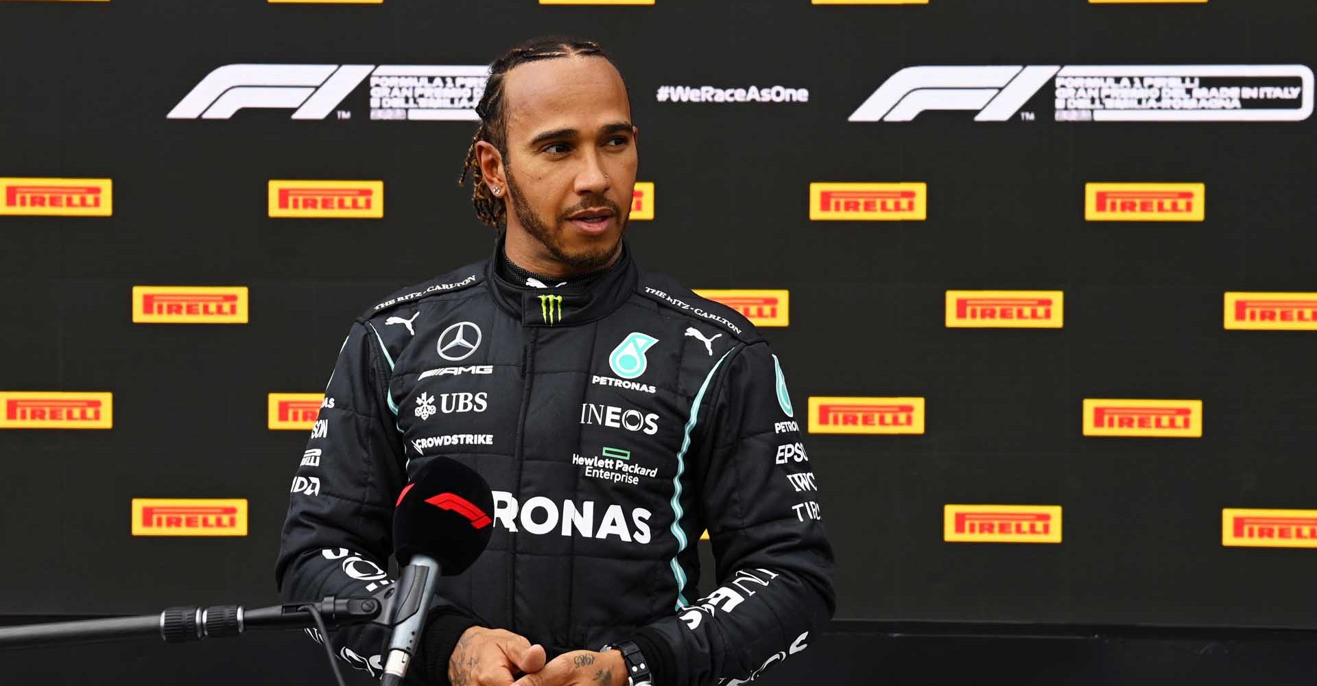 AUTODROMO INTERNAZIONALE ENZO E DINO FERRARI, ITALY - APRIL 17: Sir Lewis Hamilton, Mercedes, talks to the press in Parc Ferme during the Emilia Romagna GP at Autodromo Internazionale Enzo e Dino Ferrari on Saturday April 17, 2021 in imola, Italy. (Photo by Mark Sutton / LAT Images)