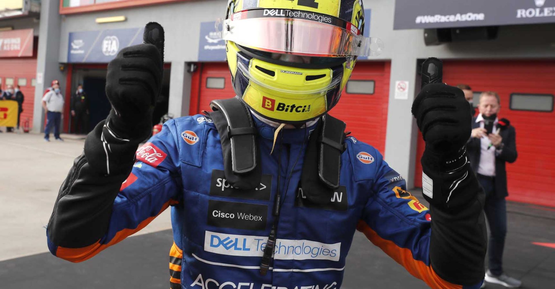 Lando Norris, McLaren MCL35M, 3rd position, celebrates in Parc Ferme