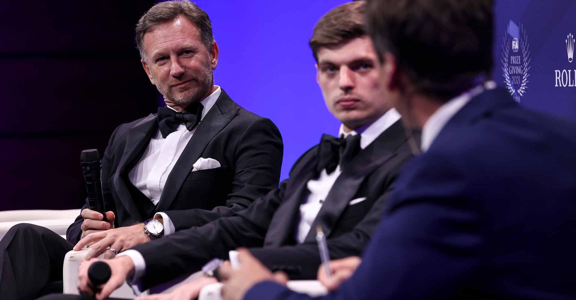 Verstappen Max (nld), Winner of the FIA Formula One World Championship for Drivers, portrait with Horner Christian during the 2021 FIA Prize Giving Ceremony, at the Carrousel du Louvre, on December 16 in Paris, France - Photo Germain Hazard / DPPI