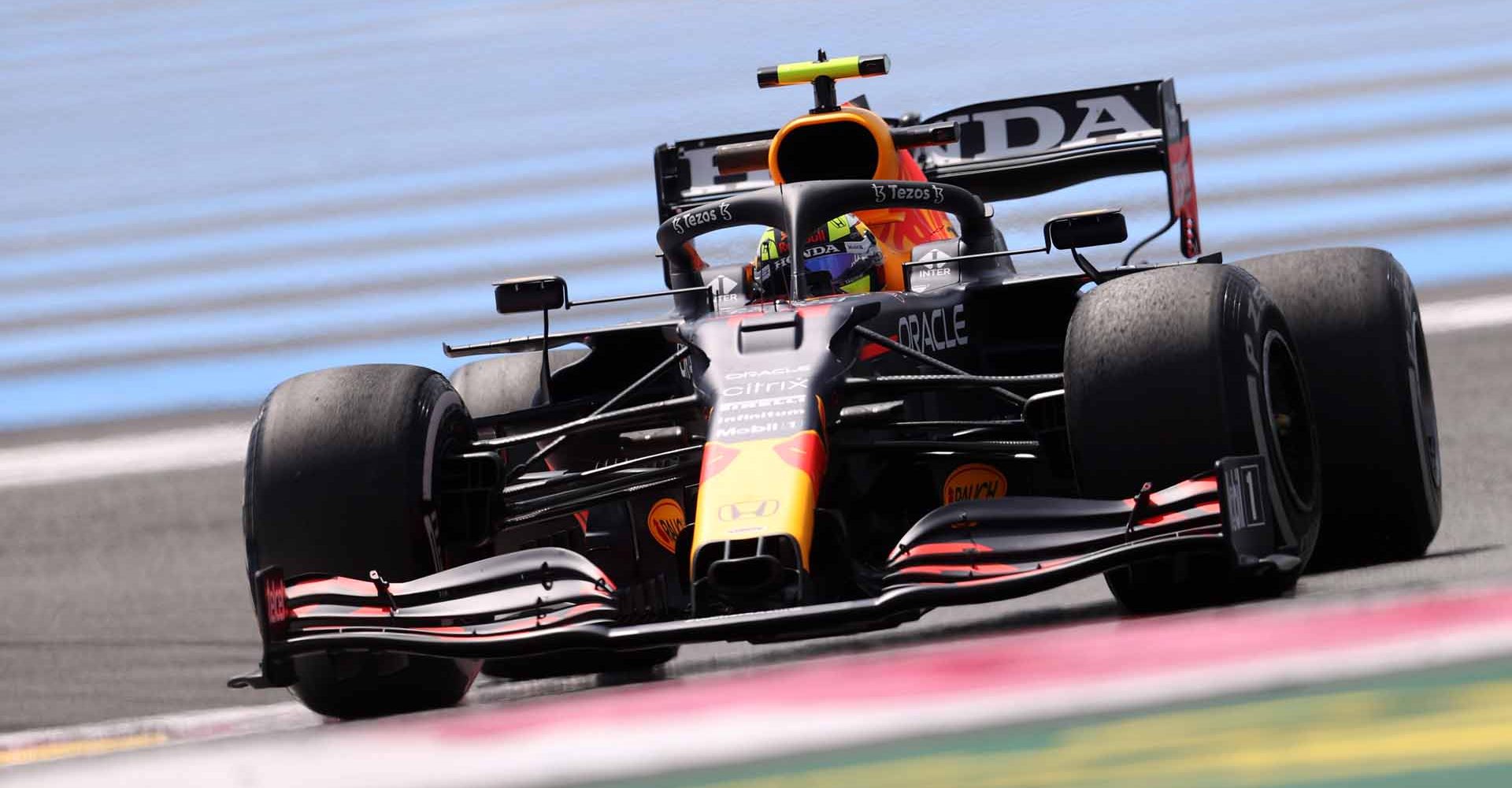 LE CASTELLET, FRANCE - JUNE 18: Sergio Perez of Mexico driving the (11) Red Bull Racing RB16B Honda on track during practice ahead of the F1 Grand Prix of France at Circuit Paul Ricard on June 18, 2021 in Le Castellet, France. (Photo by Clive Rose/Getty Images)