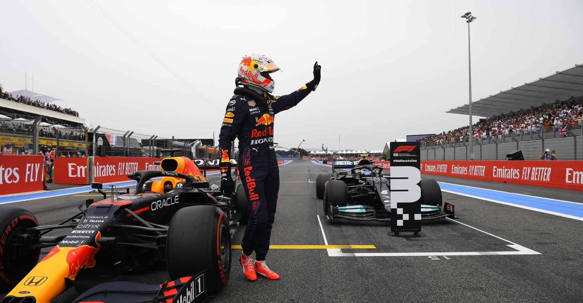 LE CASTELLET, FRANCE - JUNE 19: Pole position qualifier Max Verstappen of Netherlands and Red Bull Racing celebrates in parc ferme during qualifying ahead of the F1 Grand Prix of France at Circuit Paul Ricard on June 19, 2021 in Le Castellet, France. (Photo by Nicolas Tucat - Pool/Getty Images)