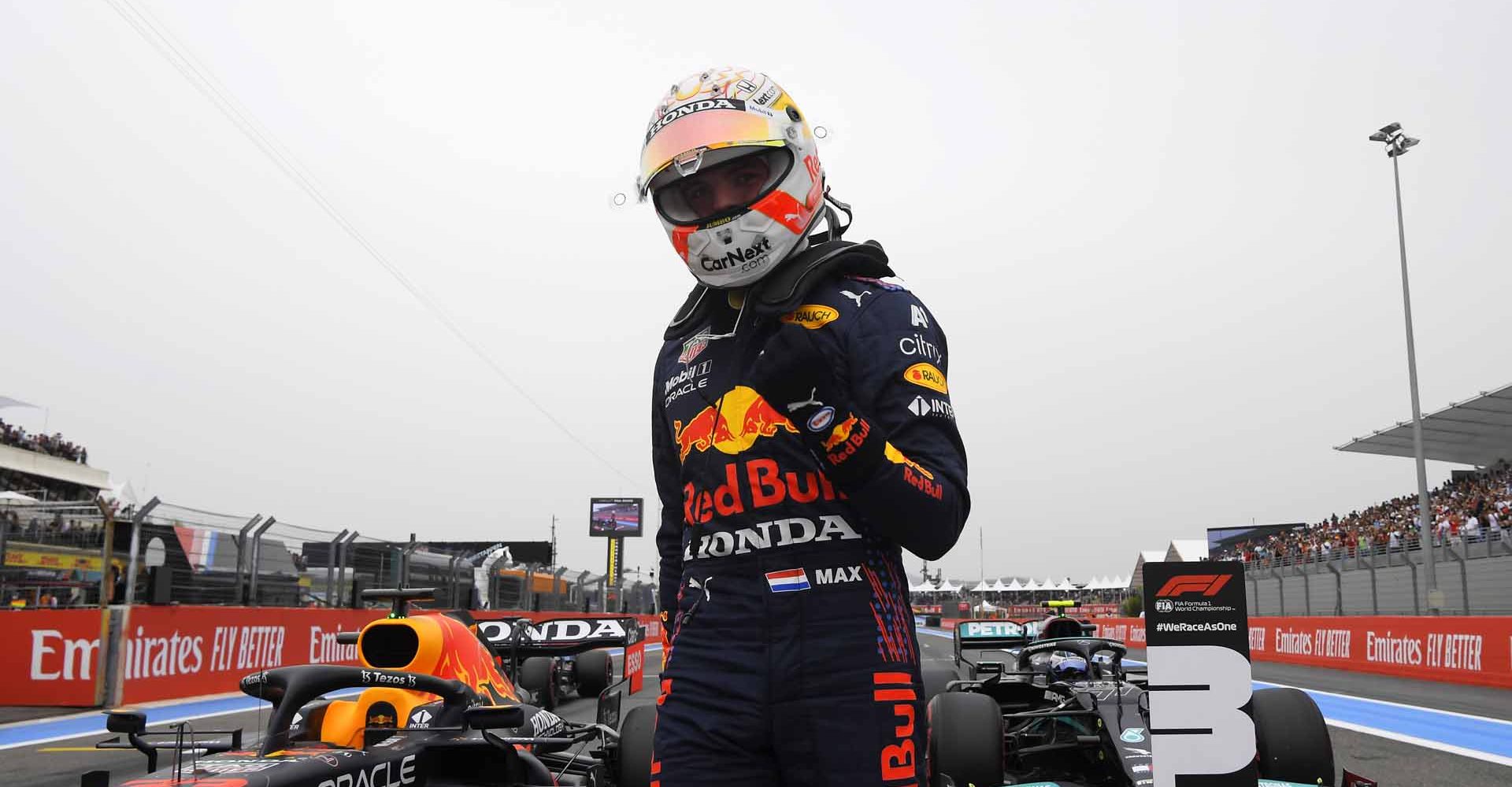 LE CASTELLET, FRANCE - JUNE 19: Pole position qualifier Max Verstappen of Netherlands and Red Bull Racing celebrates in parc ferme during qualifying ahead of the F1 Grand Prix of France at Circuit Paul Ricard on June 19, 2021 in Le Castellet, France. (Photo by Nicolas Tucat - Pool/Getty Images)