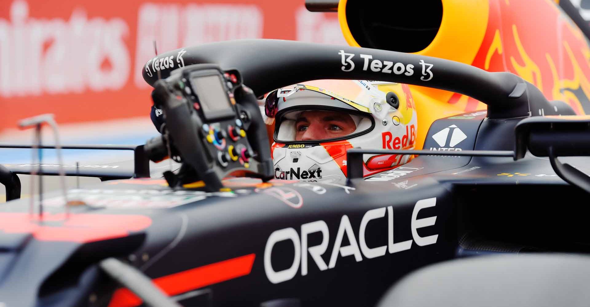 LE CASTELLET, FRANCE - JUNE 19: Pole position qualifier Max Verstappen of Netherlands and Red Bull Racing prepares to climb out of his car in parc ferme during qualifying ahead of the F1 Grand Prix of France at Circuit Paul Ricard on June 19, 2021 in Le Castellet, France. (Photo by Nicolas Tucat - Pool/Getty Images)