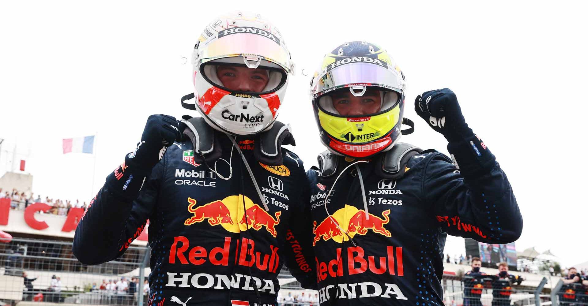 LE CASTELLET, FRANCE - JUNE 20: Race winner Max Verstappen of Netherlands and Red Bull Racing and third placed Sergio Perez of Mexico and Red Bull Racing celebrate in parc ferme during the F1 Grand Prix of France at Circuit Paul Ricard on June 20, 2021 in Le Castellet, France. (Photo by Mark Thompson/Getty Images)