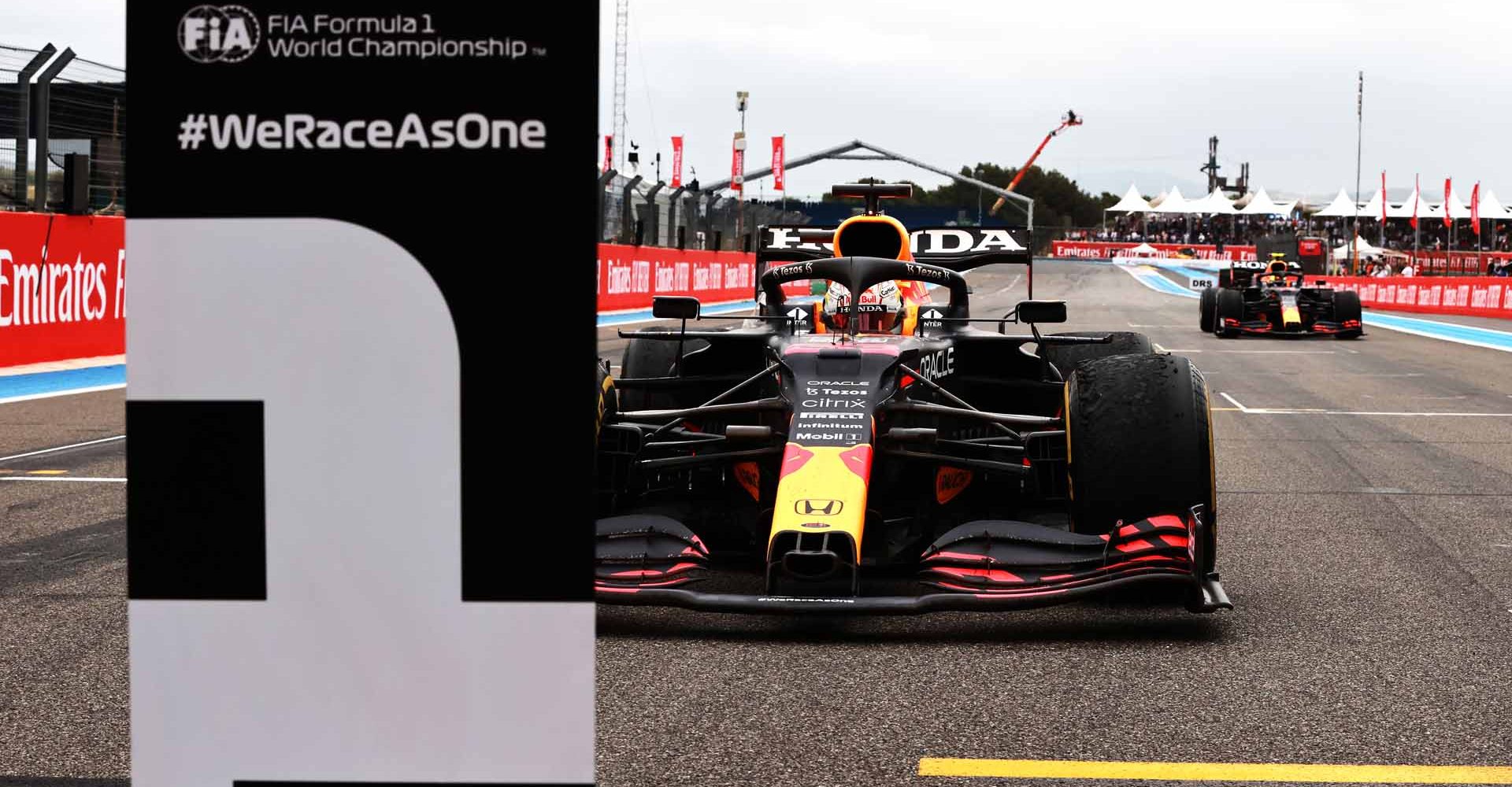 LE CASTELLET, FRANCE - JUNE 20: Race winner Max Verstappen of Netherlands and Red Bull Racing arrives in parc ferme during the F1 Grand Prix of France at Circuit Paul Ricard on June 20, 2021 in Le Castellet, France. (Photo by Mark Thompson/Getty Images)