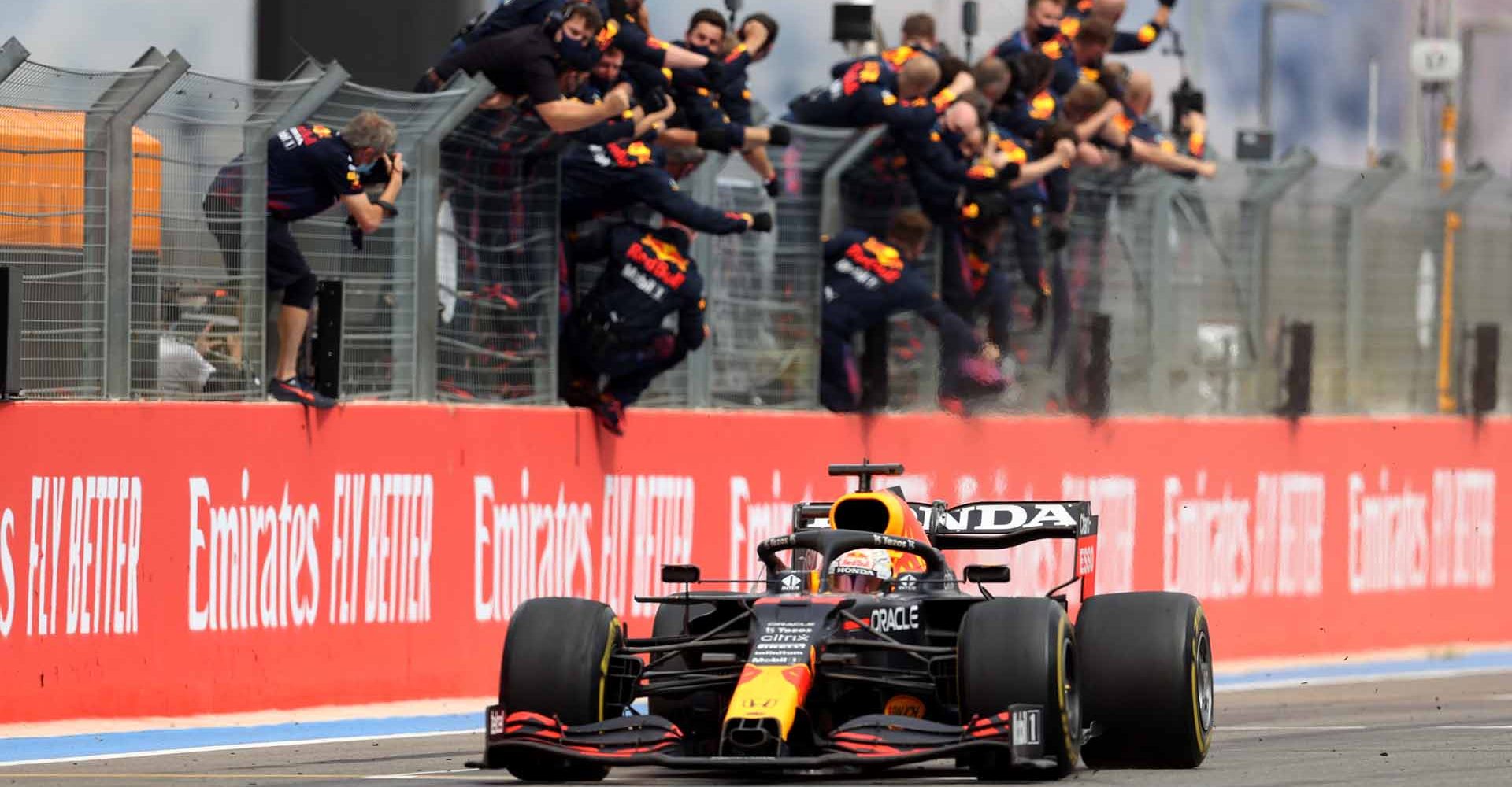 LE CASTELLET, FRANCE - JUNE 20: Race winner Max Verstappen of Netherlands and Red Bull Racing celebrates as he wins the F1 Grand Prix of France at Circuit Paul Ricard on June 20, 2021 in Le Castellet, France. (Photo by Clive Rose/Getty Images)