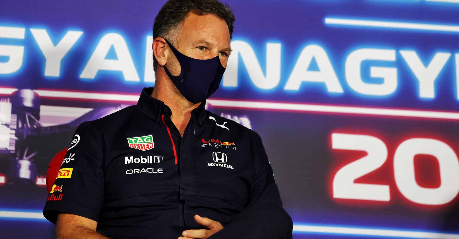 BUDAPEST, HUNGARY - JULY 30: Red Bull Racing Team Principal Christian Horner talks in the Team Principals Press Conference during practice ahead of the F1 Grand Prix of Hungary at Hungaroring on July 30, 2021 in Budapest, Hungary. (Photo by XPB - Pool/Getty Images)