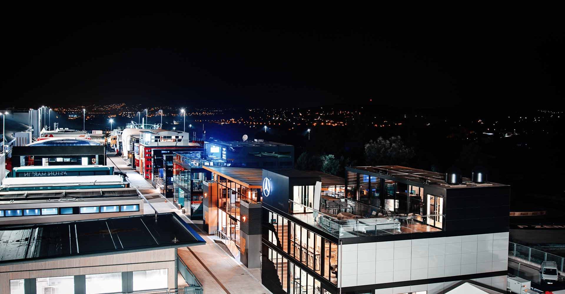 F1 paddock at night