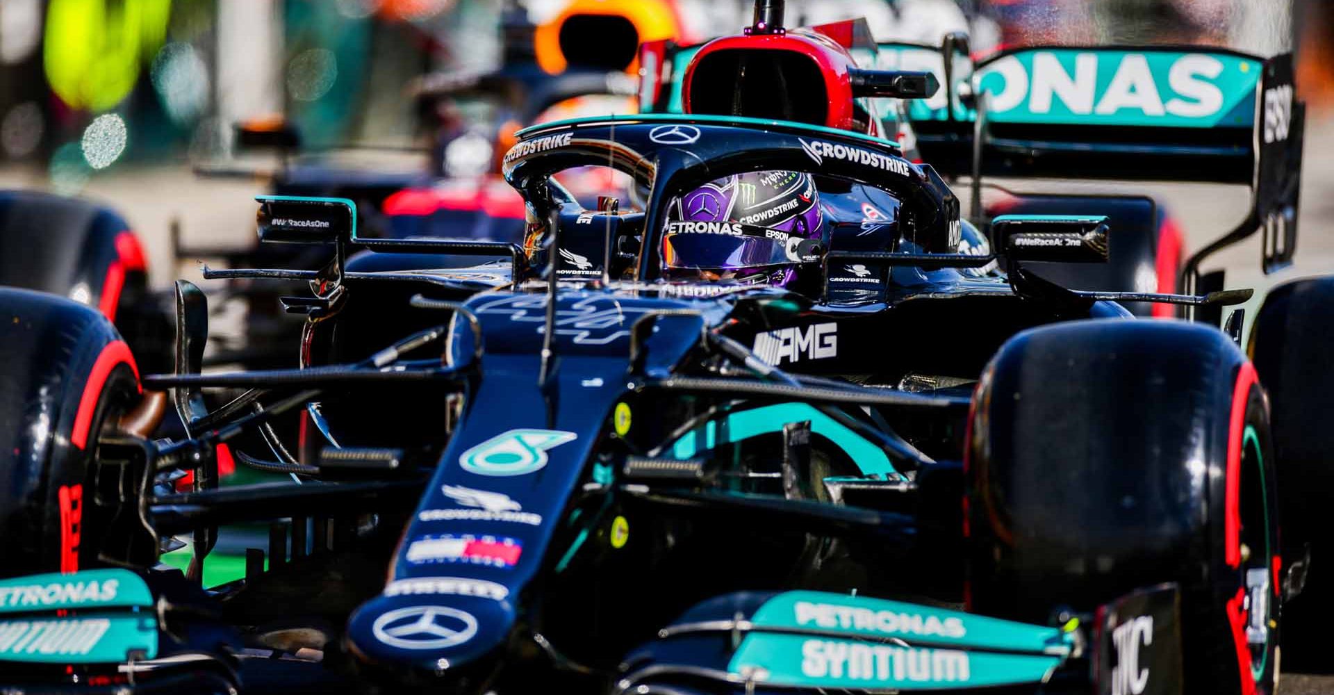 BUDAPEST, HUNGARY - JULY 31: Lewis Hamilton of Mercedes and Great Britain leads Max Verstappen of Red Bull Racing and The Netherlands as they go out for their final qualifying lap during qualifying ahead of the F1 Grand Prix of Hungary at Hungaroring on July 31, 2021 in Budapest, Hungary. (Photo by Peter Fox/Getty Images)