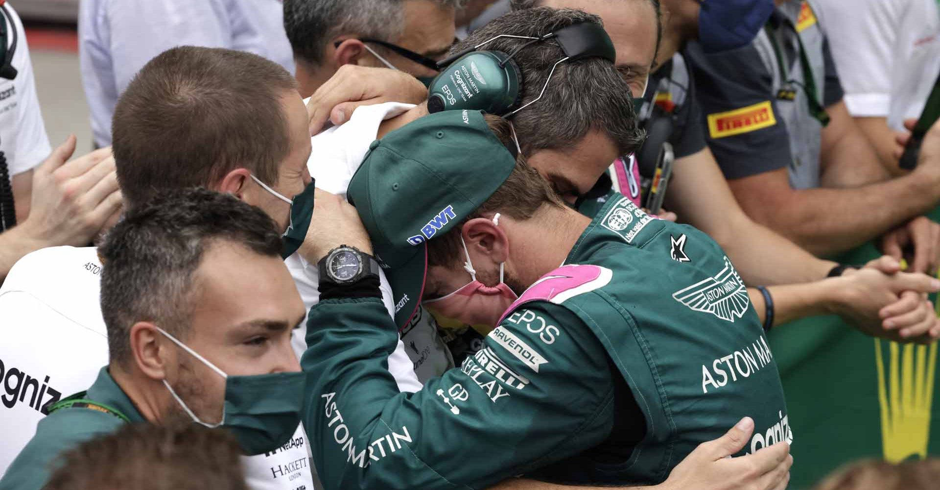 Sebastian Vettel, Aston Martin, 2nd position, celebrates with his team in Parc Ferme