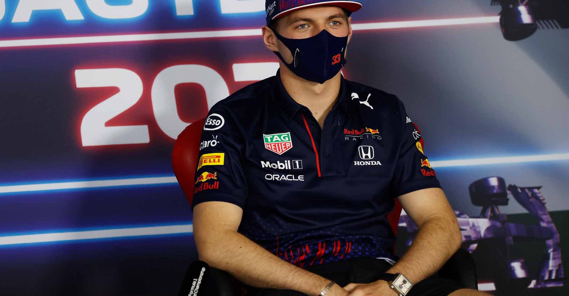 BUDAPEST, HUNGARY - JULY 29: Max Verstappen of Netherlands and Red Bull Racing talks in the Drivers Press Conference during previews ahead of the F1 Grand Prix of Hungary at Hungaroring on July 29, 2021 in Budapest, Hungary. (Photo by Florion Goga - Pool/Getty Images)