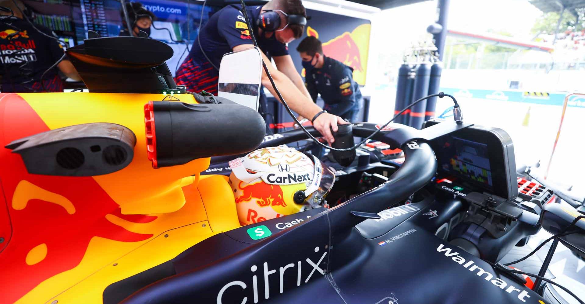 MONZA, ITALY - SEPTEMBER 10: Max Verstappen of Netherlands and Red Bull Racing prepares to drive in the garage during practice ahead of the F1 Grand Prix of Italy at Autodromo di Monza on September 10, 2021 in Monza, Italy. (Photo by Bryn Lennon/Getty Images)