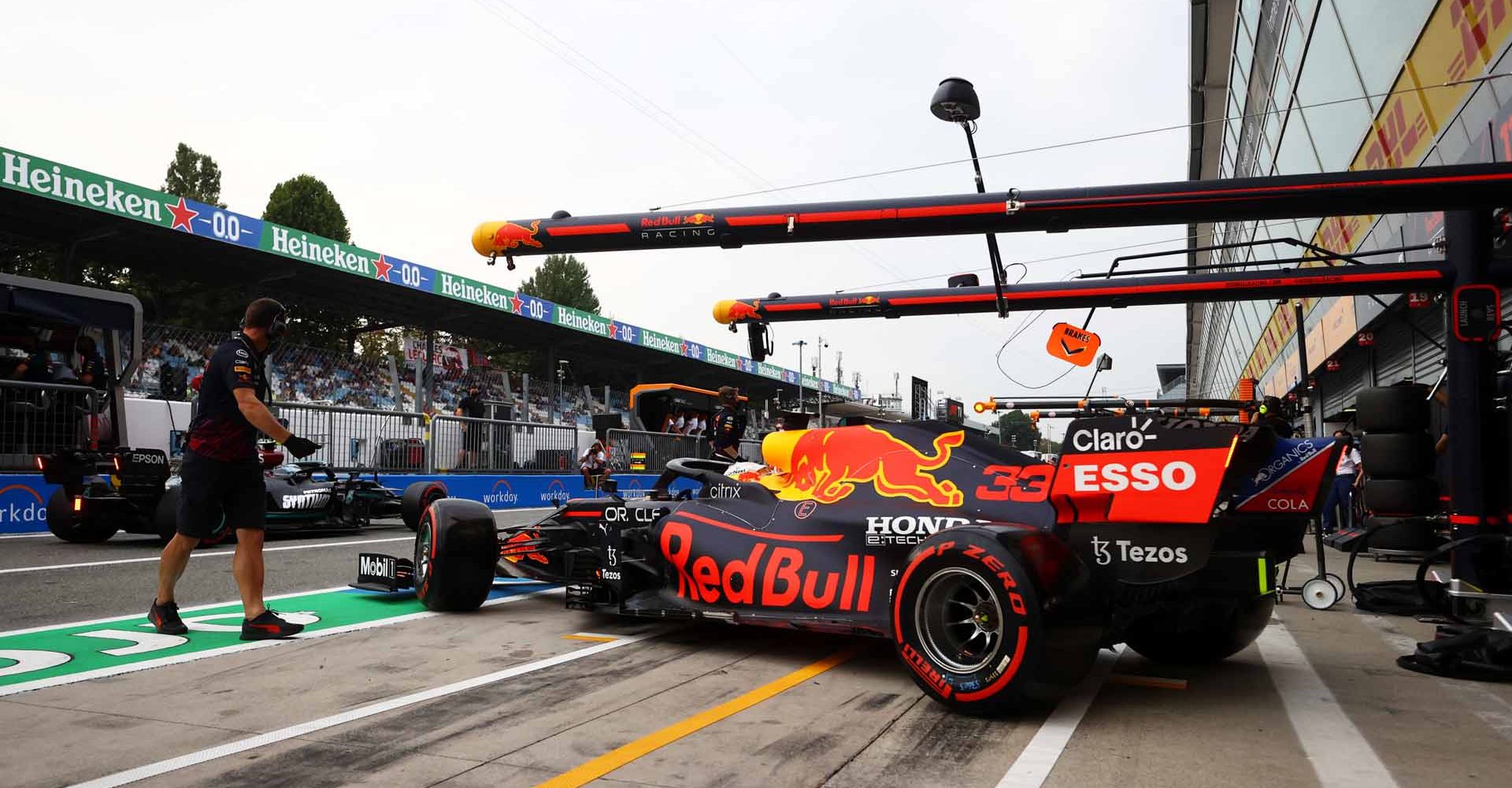 MONZA, ITALY - SEPTEMBER 10: Max Verstappen of the Netherlands driving the (33) Red Bull Racing RB16B Honda leaves the garage during qualifying ahead of the F1 Grand Prix of Italy at Autodromo di Monza on September 10, 2021 in Monza, Italy. (Photo by Bryn Lennon/Getty Images)