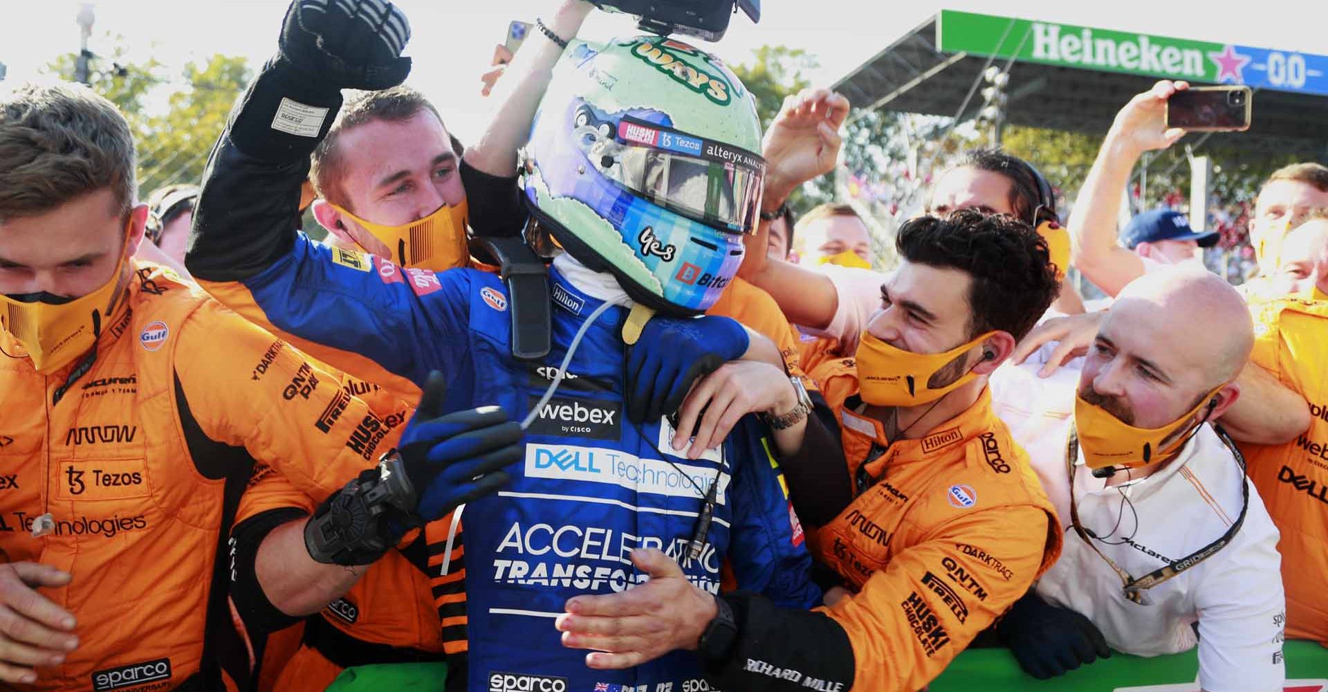 Daniel Ricciardo, McLaren, 1st position, celebrates in Parc Ferme with his team