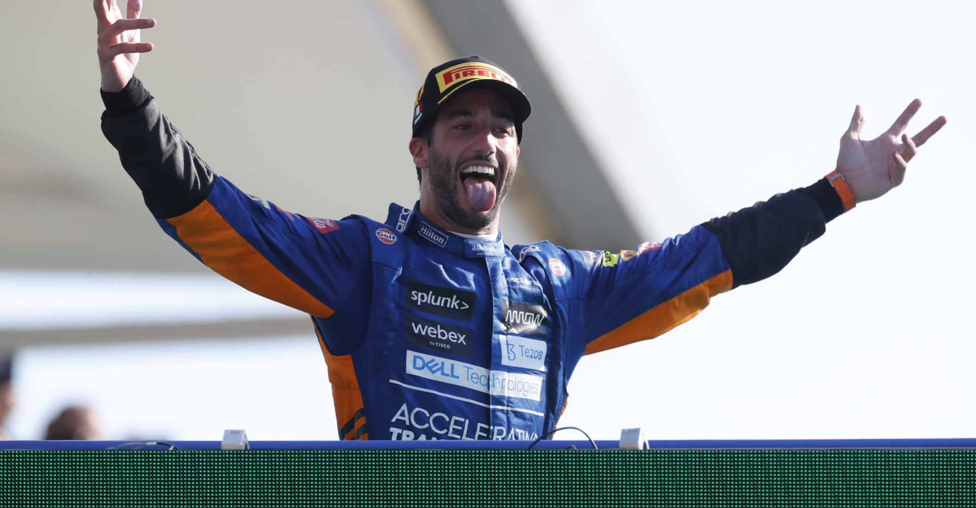 AUTODROMO NAZIONALE MONZA, ITALY - SEPTEMBER 12: Daniel Ricciardo, McLaren, 1st position, arrives on the podium during the Italian GP at Autodromo Nazionale Monza on Sunday September 12, 2021 in Monza, Italy. (Photo by Steven Tee / LAT Images)