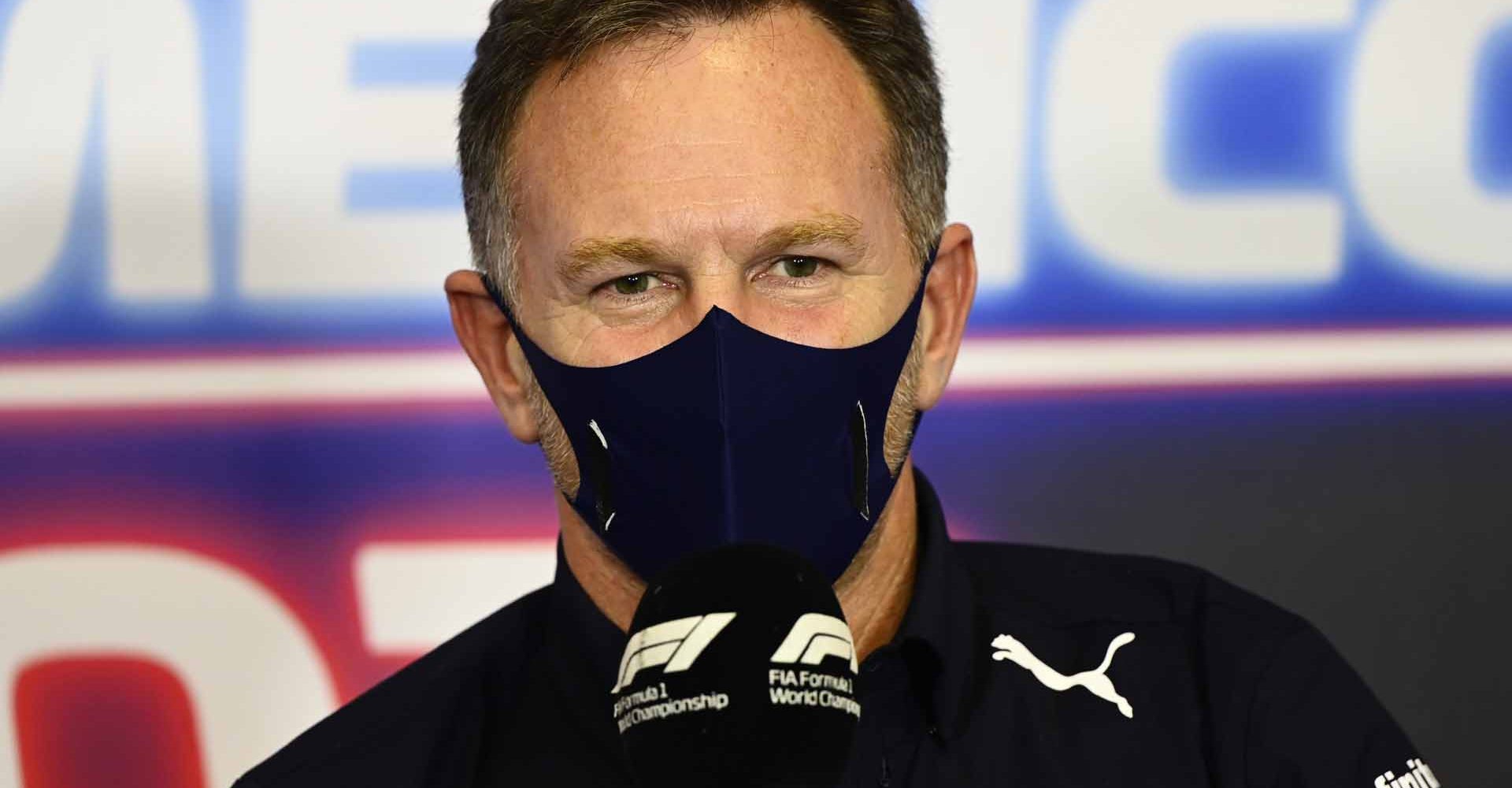 MEXICO CITY, MEXICO - NOVEMBER 05: Red Bull Racing Team Principal Christian Horner talks in the Team Principals Press Conference during practice ahead of the F1 Grand Prix of Mexico at Autodromo Hermanos Rodriguez on November 05, 2021 in Mexico City, Mexico. (Photo by Mark Sutton - Pool/Getty Images)