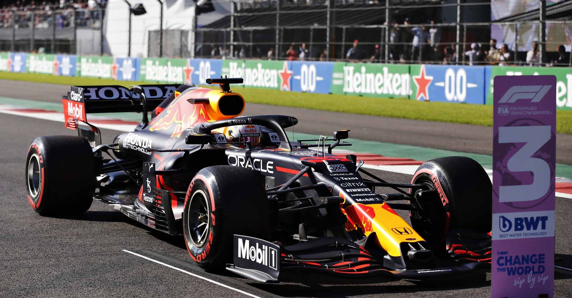 MEXICO CITY, MEXICO - NOVEMBER 06: Third place qualifier Max Verstappen of Netherlands and Red Bull Racing climbs from his car in parc ferme during qualifying ahead of the F1 Grand Prix of Mexico at Autodromo Hermanos Rodriguez on November 06, 2021 in Mexico City, Mexico. (Photo by Francisco Guasco - Pool/Getty Images)