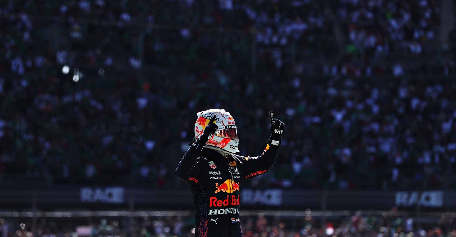 MEXICO CITY, MEXICO - NOVEMBER 07: Race winner Max Verstappen of Netherlands and Red Bull Racing celebrates in parc ferme during the F1 Grand Prix of Mexico at Autodromo Hermanos Rodriguez on November 07, 2021 in Mexico City, Mexico. (Photo by Lars Baron/Getty Images)