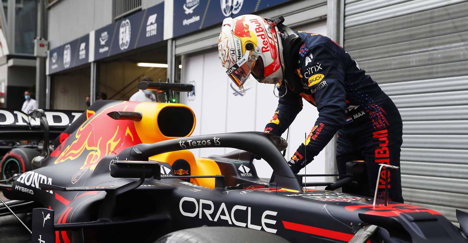 MONTE-CARLO, MONACO - MAY 22: Second placed qualifier Max Verstappen of Netherlands and Red Bull Racing climbs out of his car on parc ferme after qualifying prior to the F1 Grand Prix of Monaco at Circuit de Monaco on May 22, 2021 in Monte-Carlo, Monaco. (Photo by Sebastien Nogier - Pool/Getty Images)