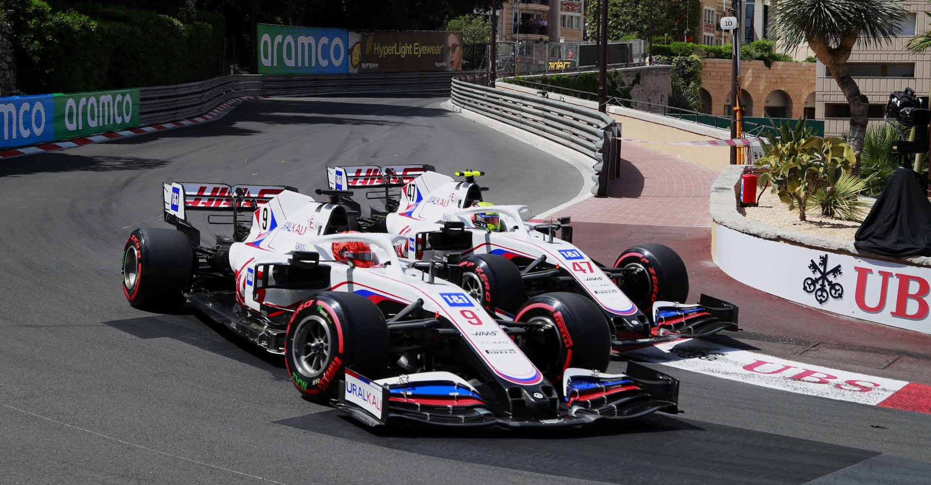 CIRCUIT DE MONACO, MONACO - MAY 23: Nikita Mazepin, Haas VF-21, leads Mick Schumacher, Haas VF-21 during the Monaco GP at Circuit de Monaco on Sunday May 23, 2021 in Monte Carlo, Monaco. (Photo by Steven Tee / LAT Images)