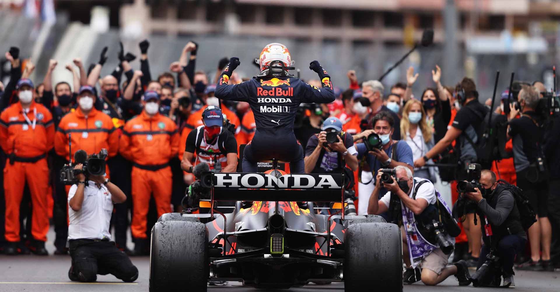 MONTE-CARLO, MONACO - MAY 23: Race winner Max Verstappen of Netherlands and Red Bull Racing celebrates in parc ferme during the F1 Grand Prix of Monaco at Circuit de Monaco on May 23, 2021 in Monte-Carlo, Monaco. (Photo by Lars Baron/Getty Images)