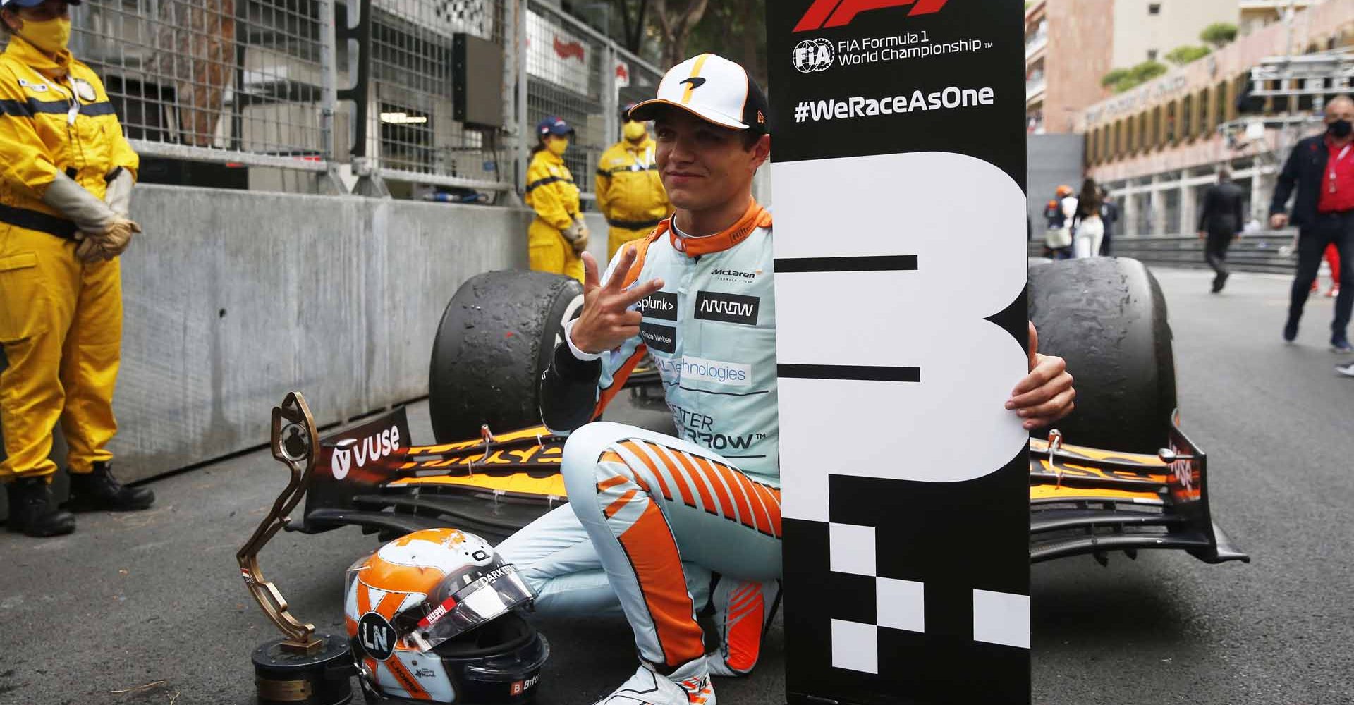 Formula One F1 - Monaco Grand Prix - Circuit de Monaco, Monte Carlo, Monaco - May 23, 2021 McLaren's Lando Norris celebrates finishing in third place Pool via REUTERS/Sebastien Nogier