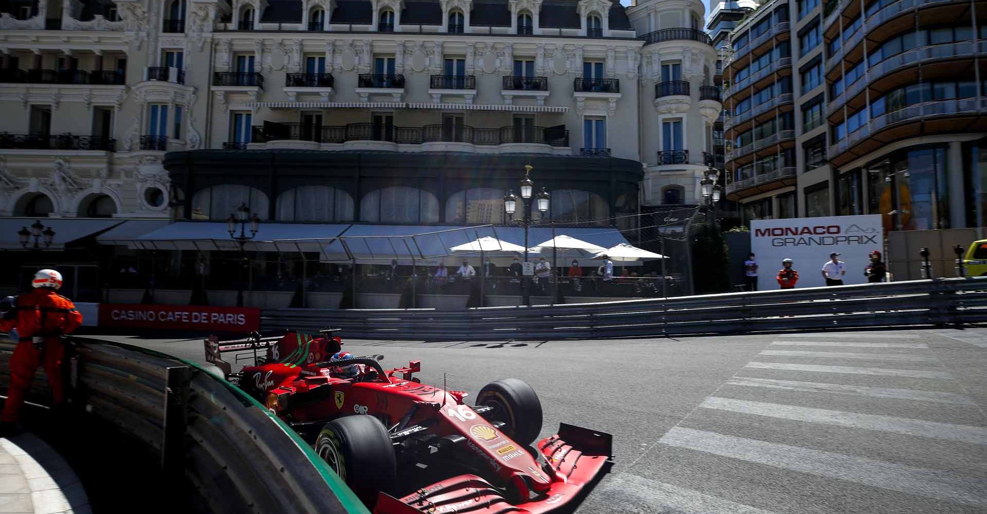 CIRCUIT DE MONACO, MONACO - MAY 20: Charles Leclerc, Ferrari SF21 during the Monaco GP at Circuit de Monaco on Thursday May 20, 2021 in Monte Carlo, Monaco. (Photo by Charles Coates / LAT Images)