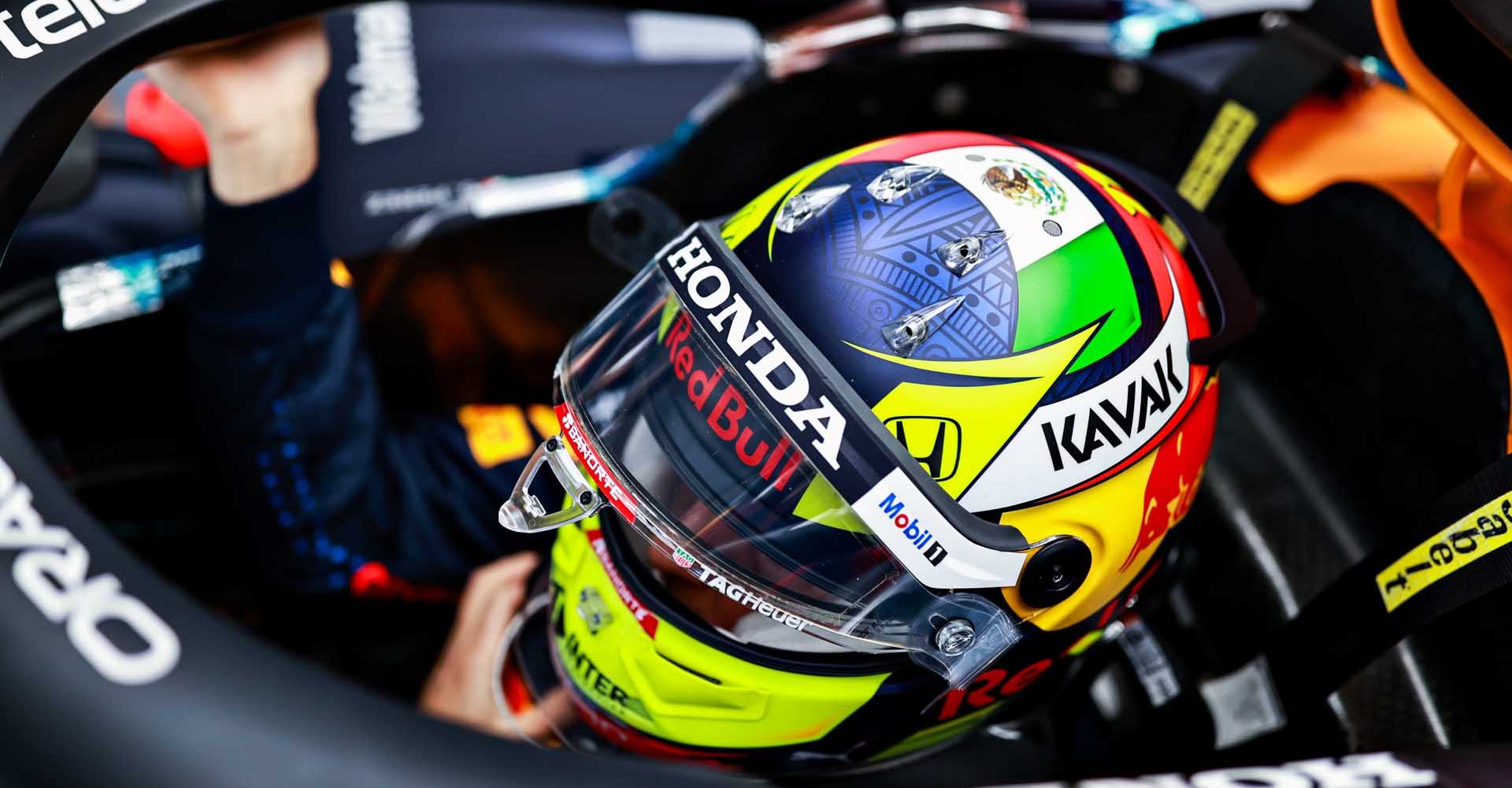 PORTIMAO, PORTUGAL - APRIL 30: Sergio Perez of Mexico and Red Bull Racing prepares to drive in the garage during practice ahead of the F1 Grand Prix of Portugal at Autodromo Internacional Do Algarve on April 30, 2021 in Portimao, Portugal. (Photo by Mark Thompson/Getty Images)