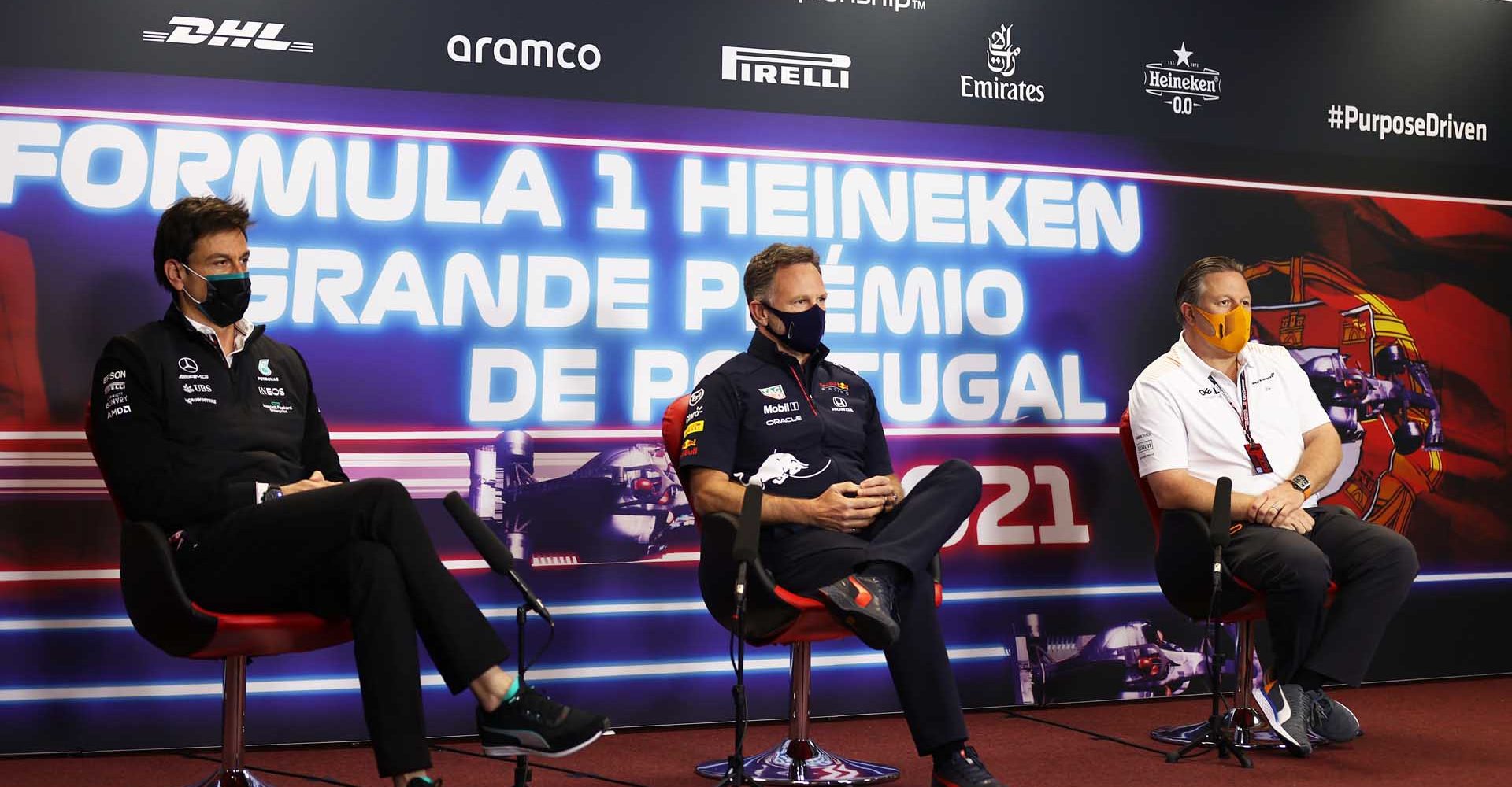 PORTIMAO, PORTUGAL - APRIL 30: Mercedes GP Executive Director Toto Wolff, Red Bull Racing Team Principal Christian Horner and McLaren Chief Executive Officer Zak Brown talk in the Team Principals Press Conference during practice ahead of the F1 Grand Prix of Portugal at Autodromo Internacional Do Algarve on April 30, 2021 in Portimao, Portugal. (Photo by Lars Baron/Getty Images)