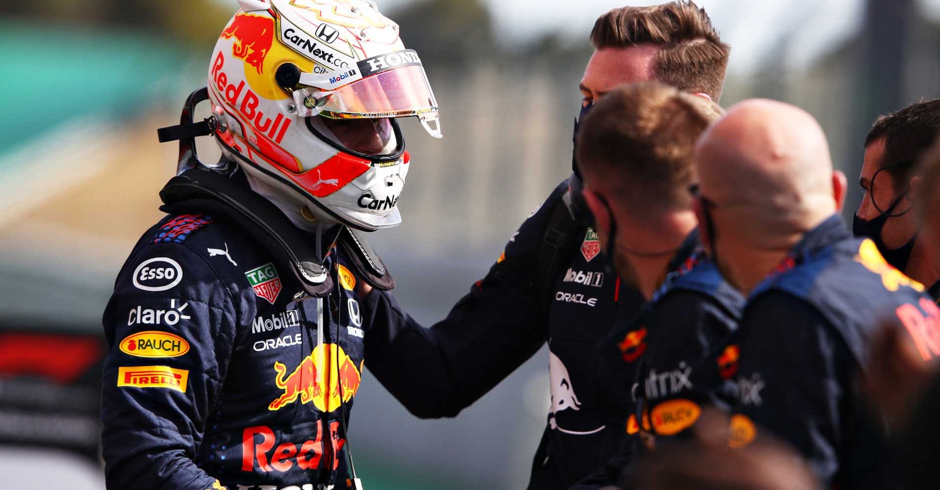 PORTIMAO, PORTUGAL - MAY 02: Second placed Max Verstappen of Netherlands and Red Bull Racing celebrates with his team in parc ferme during the F1 Grand Prix of Portugal at Autodromo Internacional Do Algarve on May 02, 2021 in Portimao, Portugal. (Photo by Mark Thompson/Getty Images)