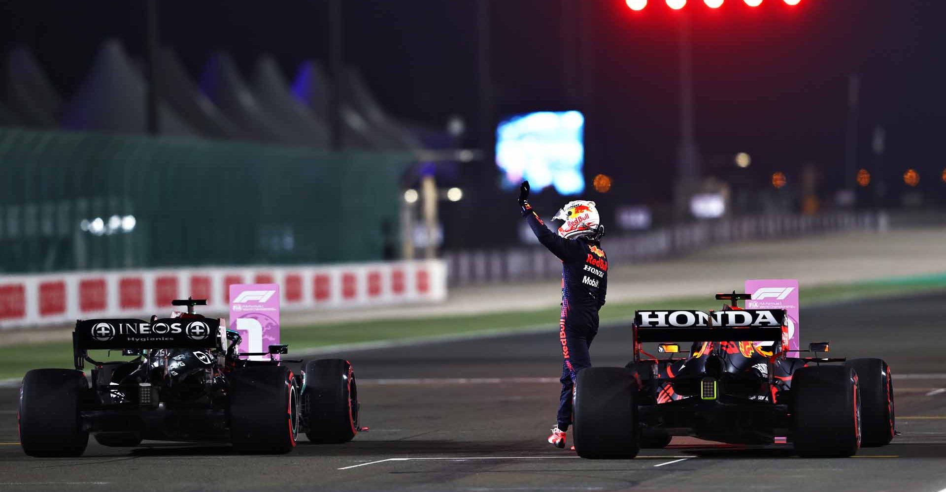 DOHA, QATAR - NOVEMBER 20: Second place qualifier Max Verstappen of Netherlands and Red Bull Racing celebrates in parc ferme during qualifying ahead of the F1 Grand Prix of Qatar at Losail International Circuit on November 20, 2021 in Doha, Qatar. (Photo by Mark Thompson/Getty Images)