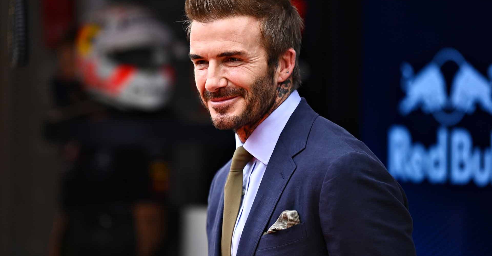 DOHA, QATAR - NOVEMBER 21: David Beckham poses for a photo in the Red Bull Racing garage before the F1 Grand Prix of Qatar at Losail International Circuit on November 21, 2021 in Doha, Qatar. (Photo by Clive Mason/Getty Images)