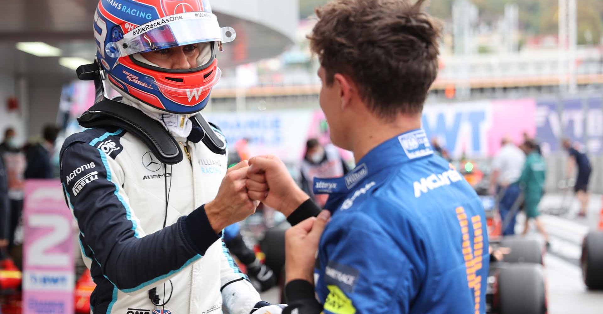 (L to R): George Russell (GBR) Williams Racing celebrates his third position with pole sitter Lando Norris (GBR) McLaren in qualifying parc ferme.
Russian Grand Prix, Saturday 25th September 2021. Sochi Autodrom, Sochi, Russia.