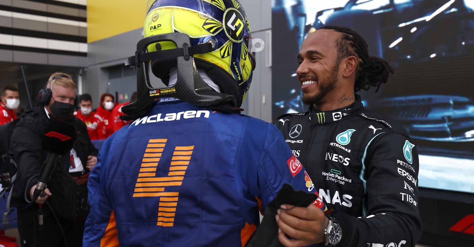 Lando Norris, McLaren, congratulates Sir Lewis Hamilton, Mercedes, 1st position, after the race