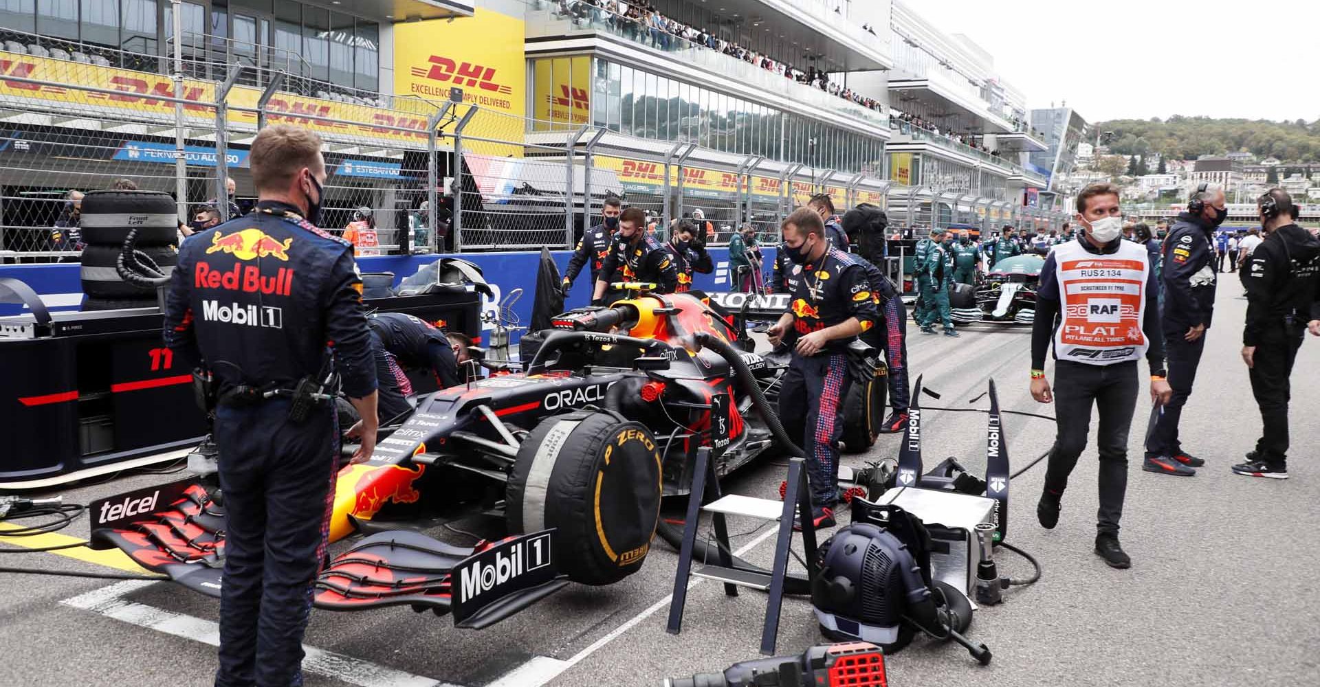 SOCHI, RUSSIA - SEPTEMBER 26: Sergio Perez of Mexico driving the (11) Red Bull Racing RB16B Honda prepares to drive on the grid during the F1 Grand Prix of Russia at Sochi Autodrom on September 26, 2021 in Sochi, Russia. (Photo by Yuri Kochetkov - Pool/Getty Images)