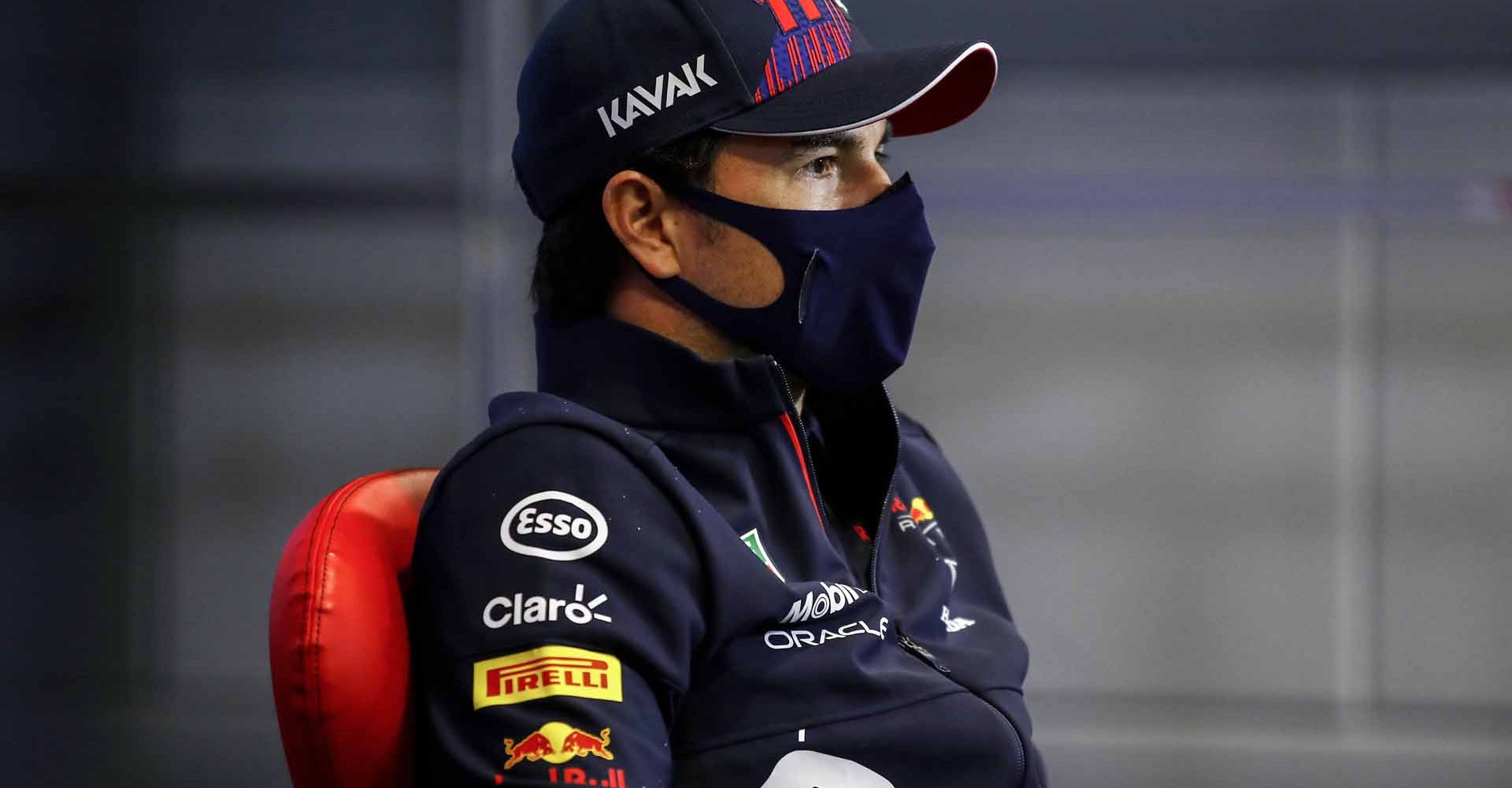 SOCHI, RUSSIA - SEPTEMBER 23: Sergio Perez of Mexico and Red Bull Racing talks in the Drivers Press Conference during previews ahead of the F1 Grand Prix of Russia at Sochi Autodrom on September 23, 2021 in Sochi, Russia. (Photo by Xavier Bonilla - Pool/Getty Images)