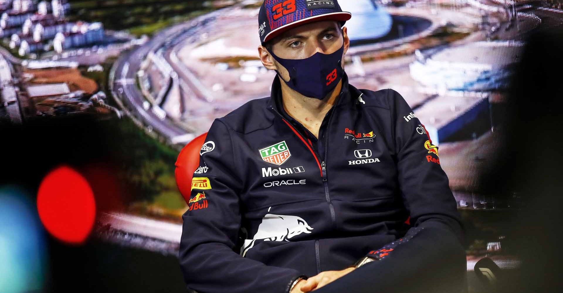 SOCHI, RUSSIA - SEPTEMBER 23: Max Verstappen of Netherlands and Red Bull Racing talks in the Drivers Press Conference during previews ahead of the F1 Grand Prix of Russia at Sochi Autodrom on September 23, 2021 in Sochi, Russia. (Photo by Xavier Bonilla - Pool/Getty Images)