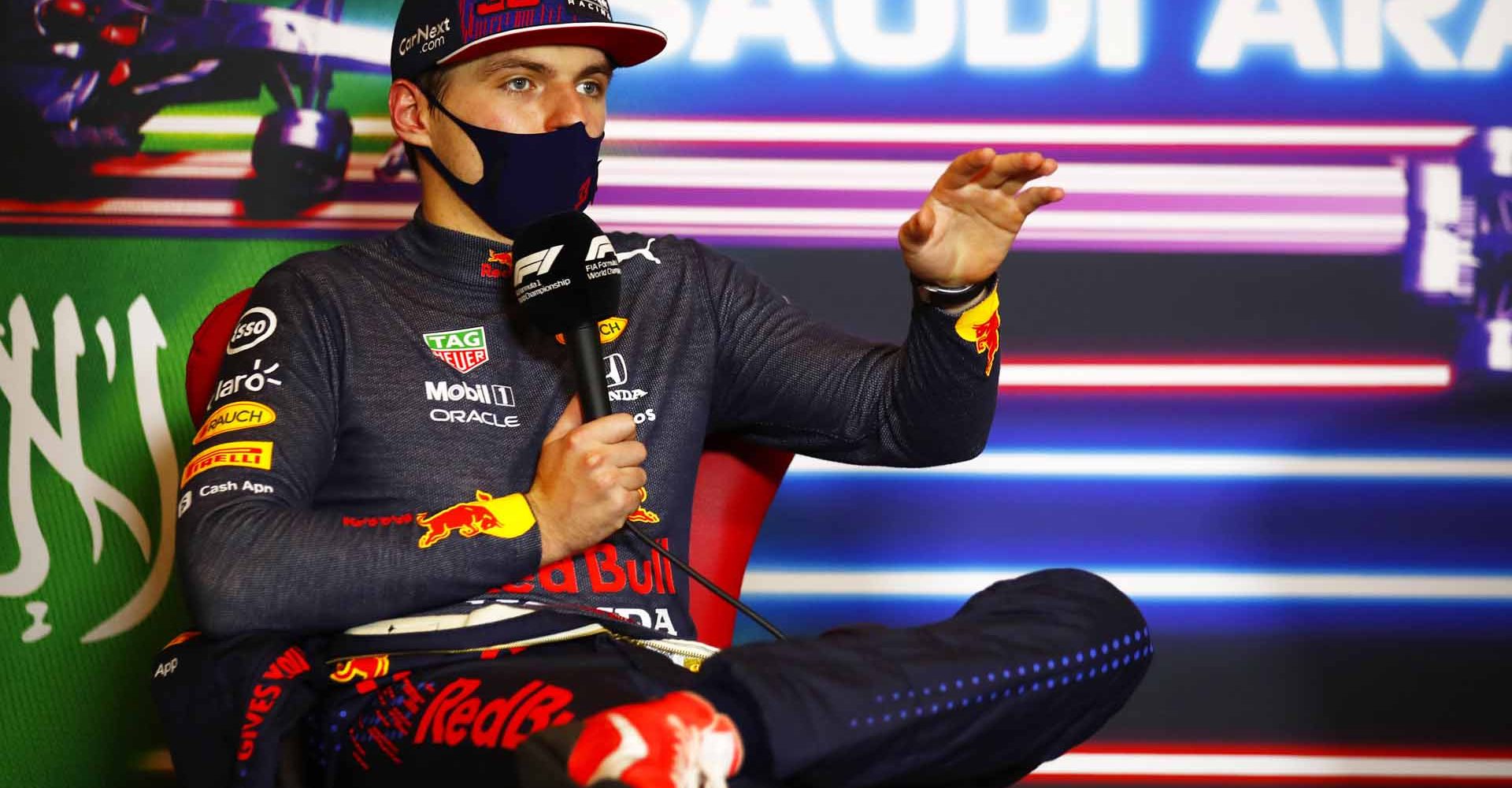 JEDDAH, SAUDI ARABIA - DECEMBER 05: Second placed Max Verstappen of Netherlands and Red Bull Racing talks in the press conference after the F1 Grand Prix of Saudi Arabia at Jeddah Corniche Circuit on December 05, 2021 in Jeddah, Saudi Arabia. (Photo by Sam Bloxham - Pool/Getty Images)