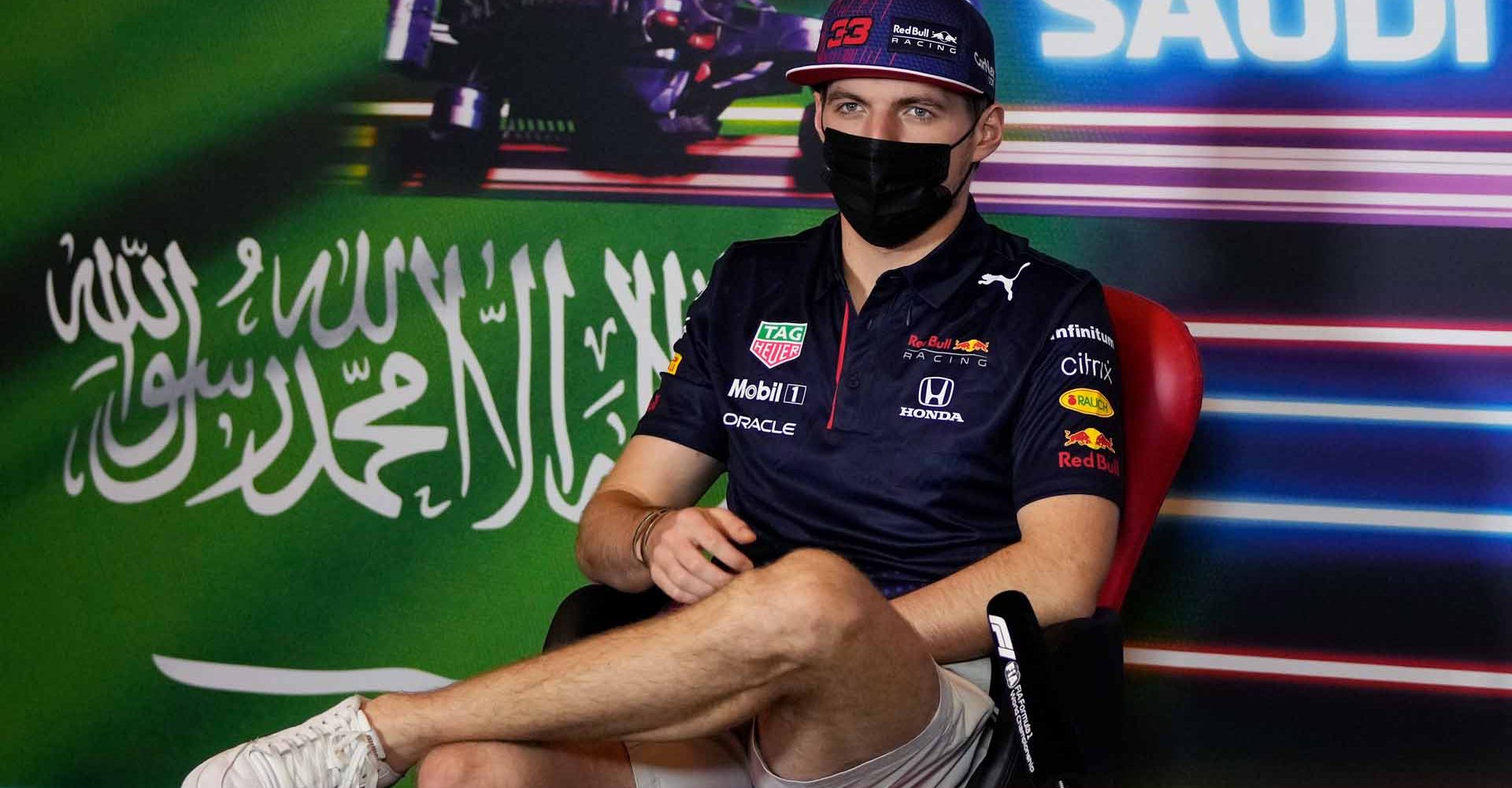 JEDDAH, SAUDI ARABIA - DECEMBER 02: Max Verstappen of Netherlands and Red Bull Racing talks in the Drivers Press Conference during previews ahead of the F1 Grand Prix of Saudi Arabia at Jeddah Corniche Circuit on December 02, 2021 in Jeddah, Saudi Arabia. (Photo by Hassan Ammar - Pool/Getty Images)