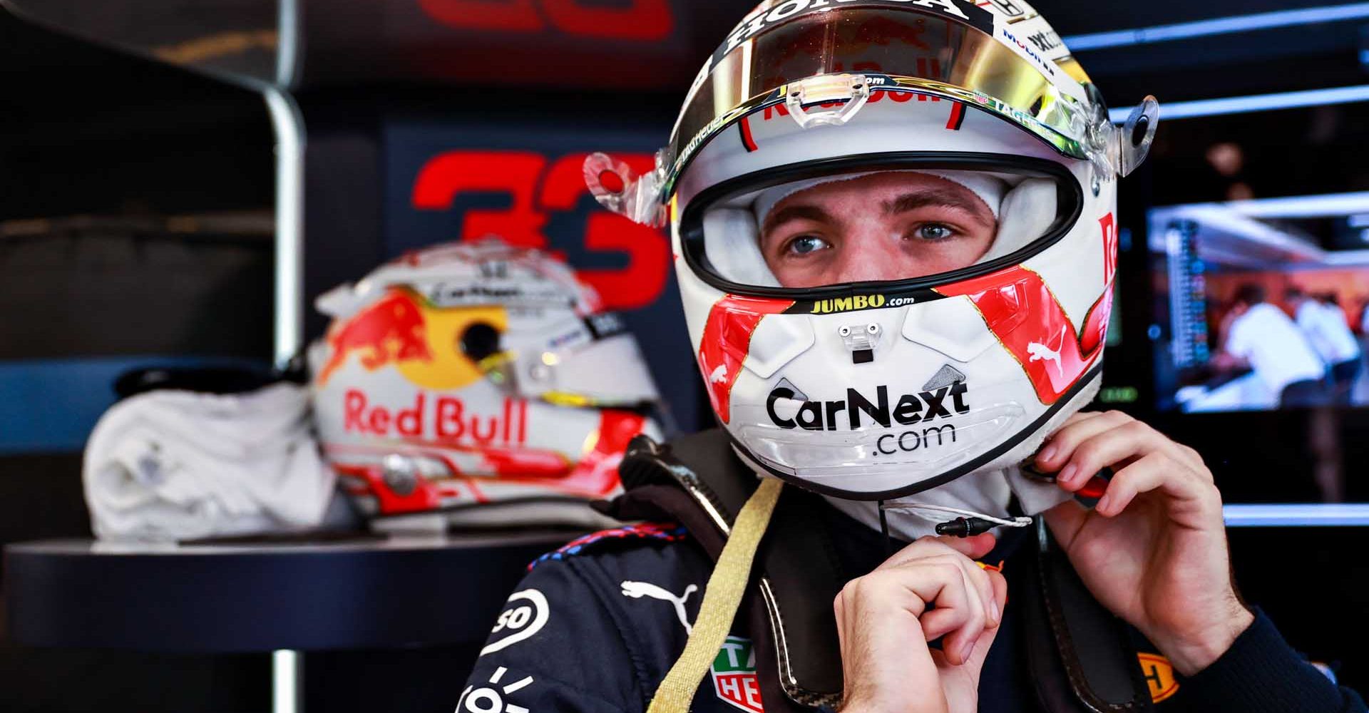 BARCELONA, SPAIN - MAY 08: Max Verstappen of Netherlands and Red Bull Racing prepares to drive in the garage during final practice for the F1 Grand Prix of Spain at Circuit de Barcelona-Catalunya on May 08, 2021 in Barcelona, Spain. (Photo by Mark Thompson/Getty Images)