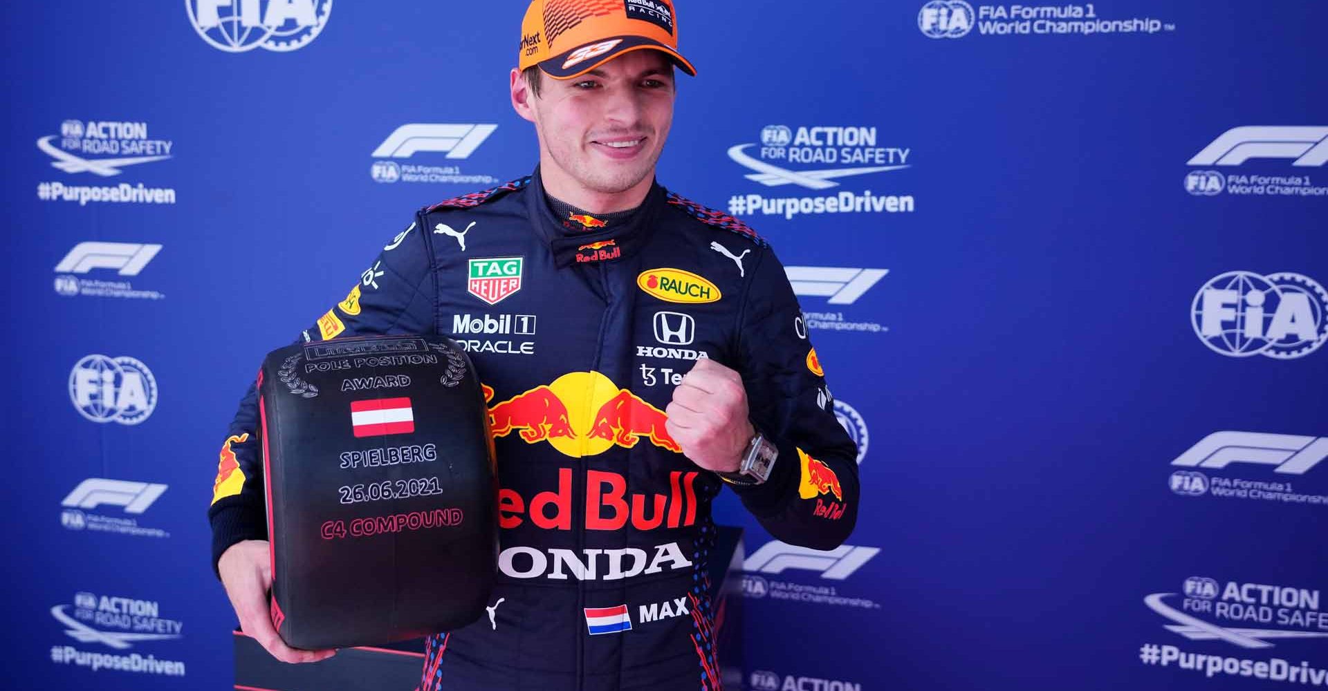 SPIELBERG, AUSTRIA - JUNE 26: Pole position qualifier Max Verstappen of Netherlands and Red Bull Racing celebrates in parc ferme during qualifying ahead of the F1 Grand Prix of Styria at Red Bull Ring on June 26, 2021 in Spielberg, Austria. (Photo by Darko Vojinovic - Pool/Getty Images)