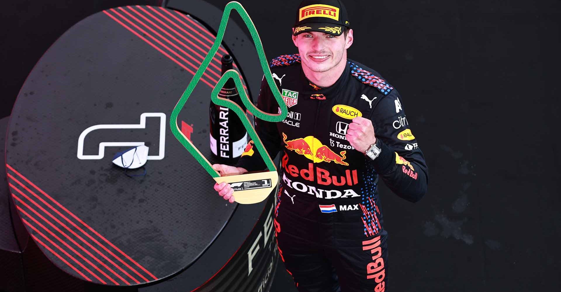 SPIELBERG, AUSTRIA - JUNE 27: Race winner Max Verstappen of Netherlands and Red Bull Racing celebrates on the podium during the F1 Grand Prix of Styria at Red Bull Ring on June 27, 2021 in Spielberg, Austria. (Photo by Mark Thompson/Getty Images)