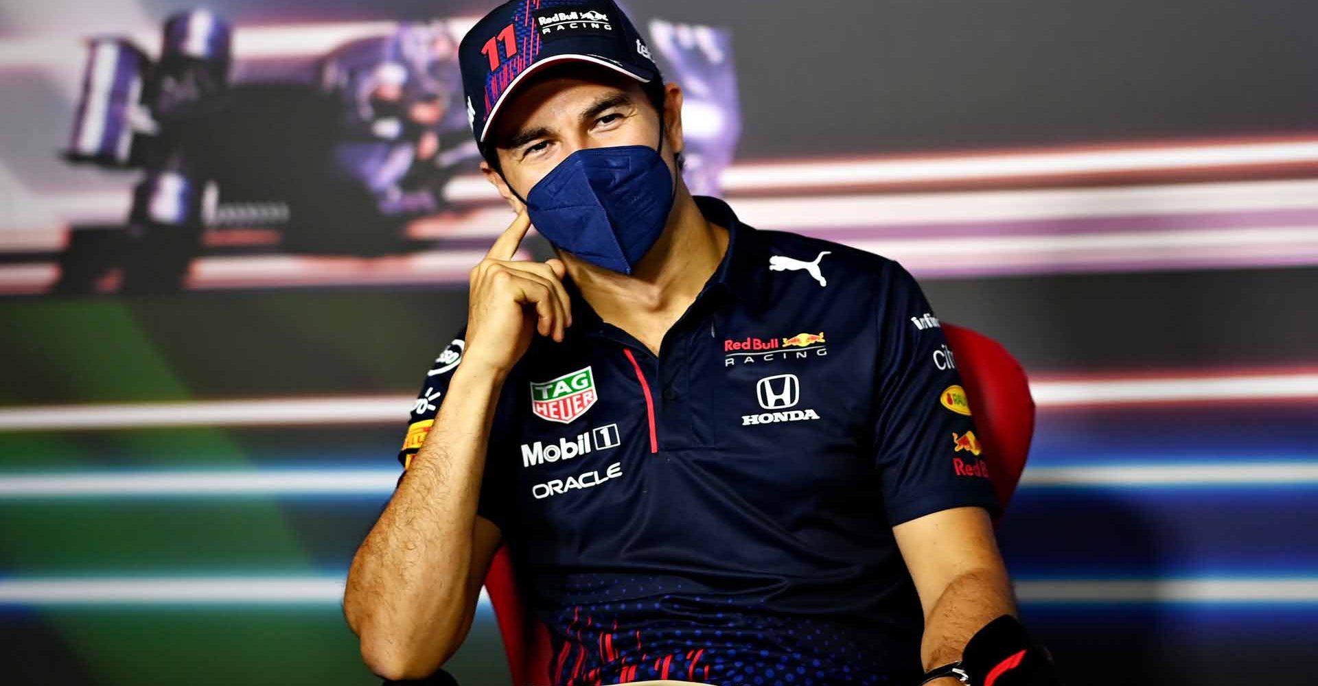 SPIELBERG, AUSTRIA - JUNE 24: Sergio Perez of Mexico and Red Bull Racing talks in the Drivers Press Conference during previews ahead of the F1 Grand Prix of Styria at Red Bull Ring on June 24, 2021 in Spielberg, Austria. (Photo by Christian Bruna - Pool/Getty Images)