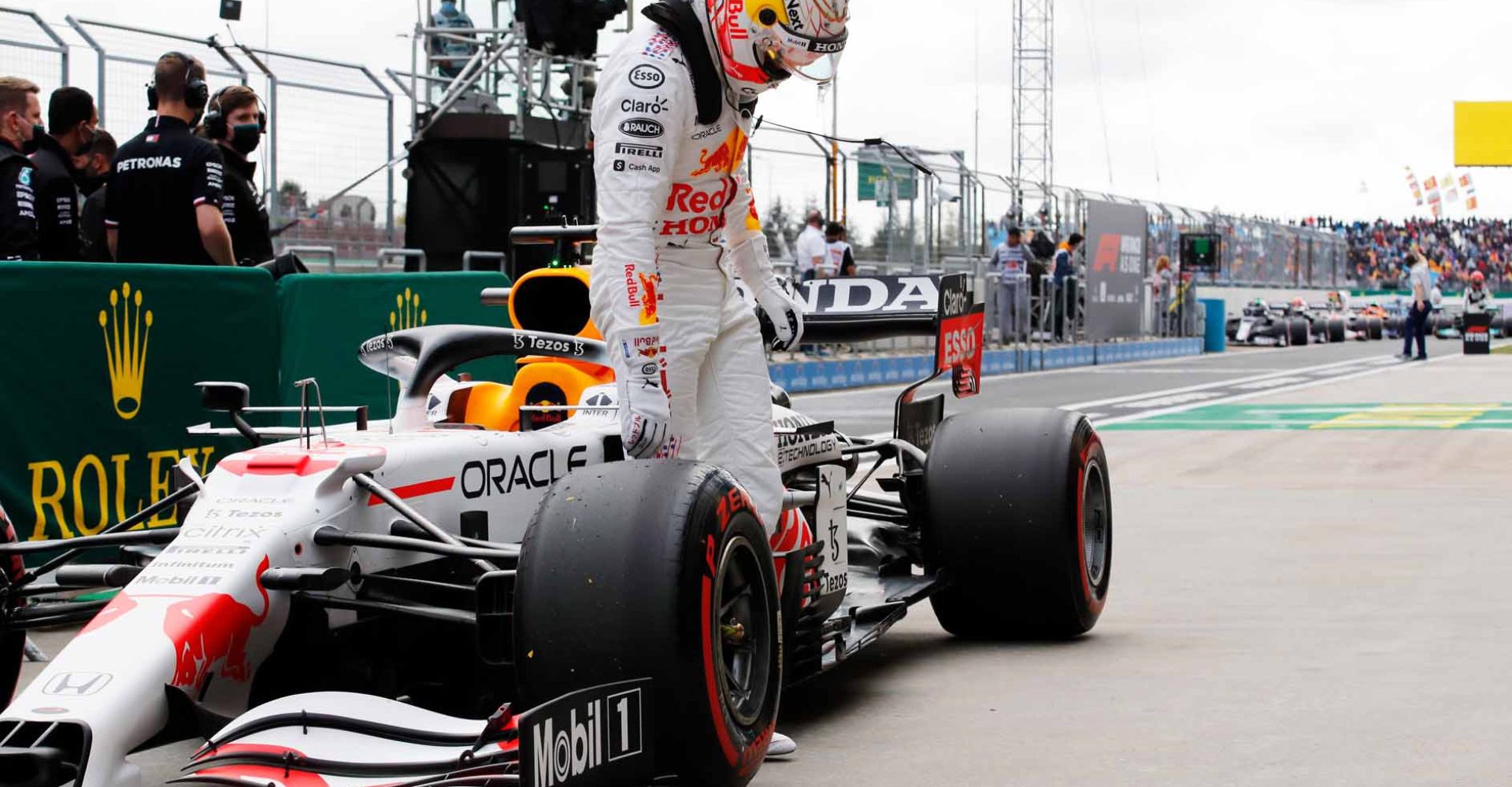 ISTANBUL, TURKEY - OCTOBER 09: Third place qualifier Max Verstappen of Netherlands and Red Bull Racing looks on in parc ferme during qualifying ahead of the F1 Grand Prix of Turkey at Intercity Istanbul Park on October 09, 2021 in Istanbul, Turkey. (Photo by Umit Bektas - Pool/Getty Images)