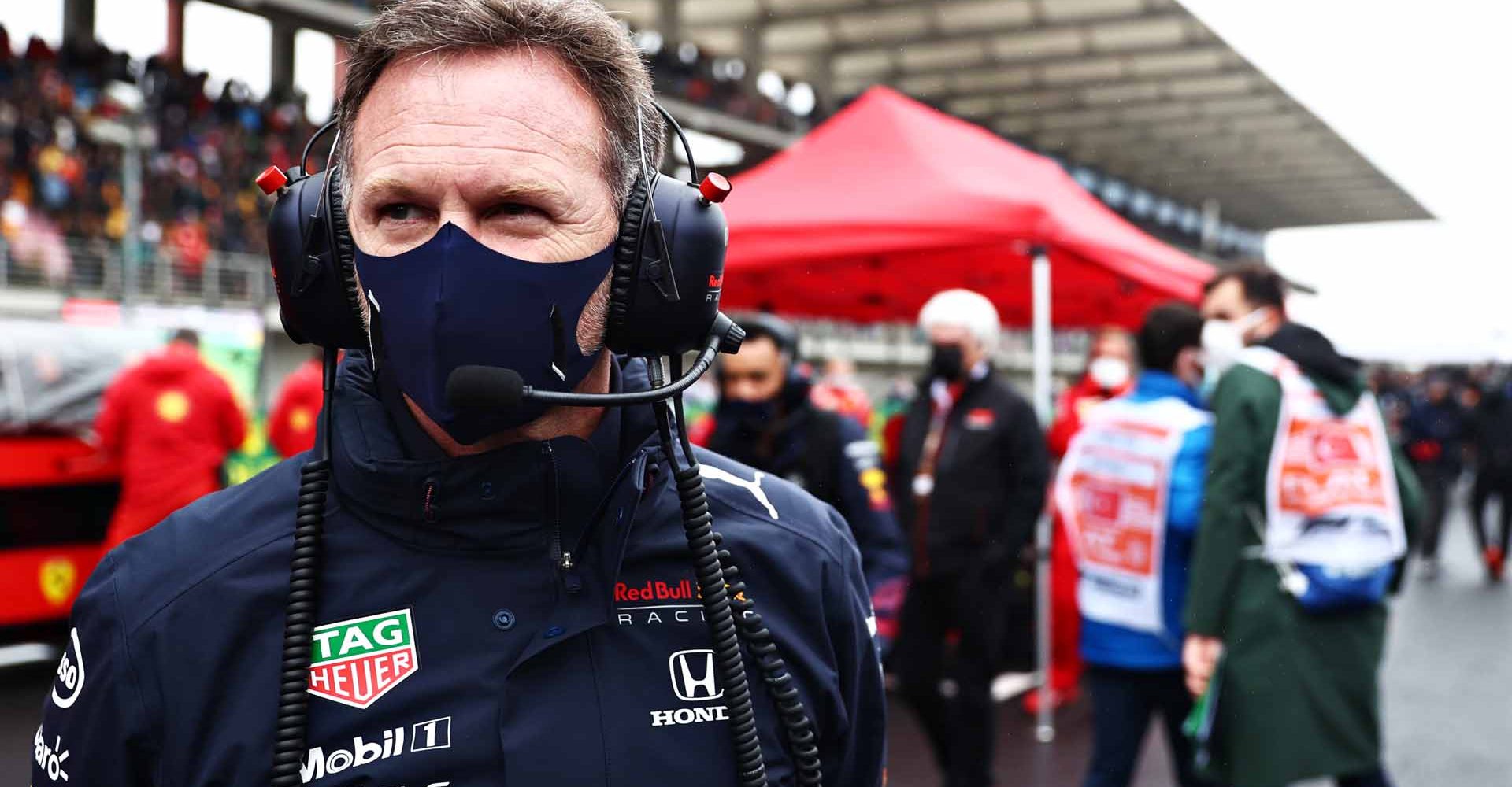 ISTANBUL, TURKEY - OCTOBER 10: Red Bull Racing Team Principal Christian Horner looks on from the grid during the F1 Grand Prix of Turkey at Intercity Istanbul Park on October 10, 2021 in Istanbul, Turkey. (Photo by Mark Thompson/Getty Images)