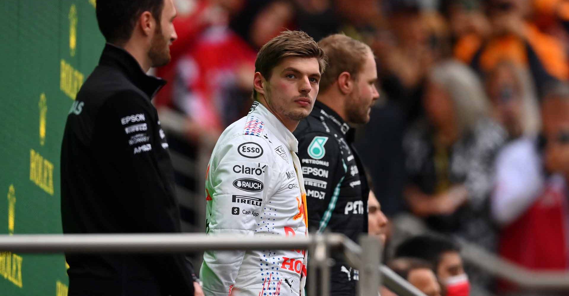 ISTANBUL, TURKEY - OCTOBER 10: Second placed Max Verstappen of Netherlands and Red Bull Racing looks on from the podium during the F1 Grand Prix of Turkey at Intercity Istanbul Park on October 10, 2021 in Istanbul, Turkey. (Photo by Dan Mullan/Getty Images)